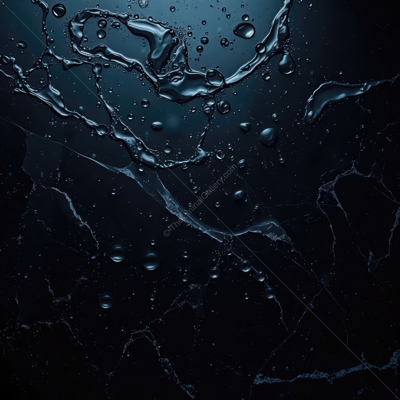 Dark marble surface with glistening water droplets creating an elegant and mysterious atmosphere at night