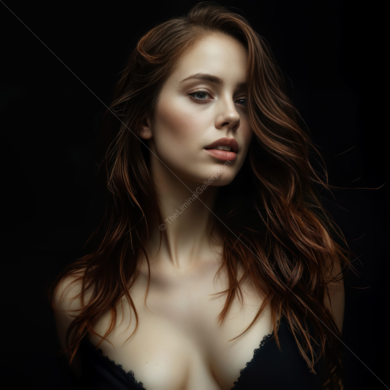 Captivating portrait of a young woman with flowing hair in a dark setting showcasing elegance and allure