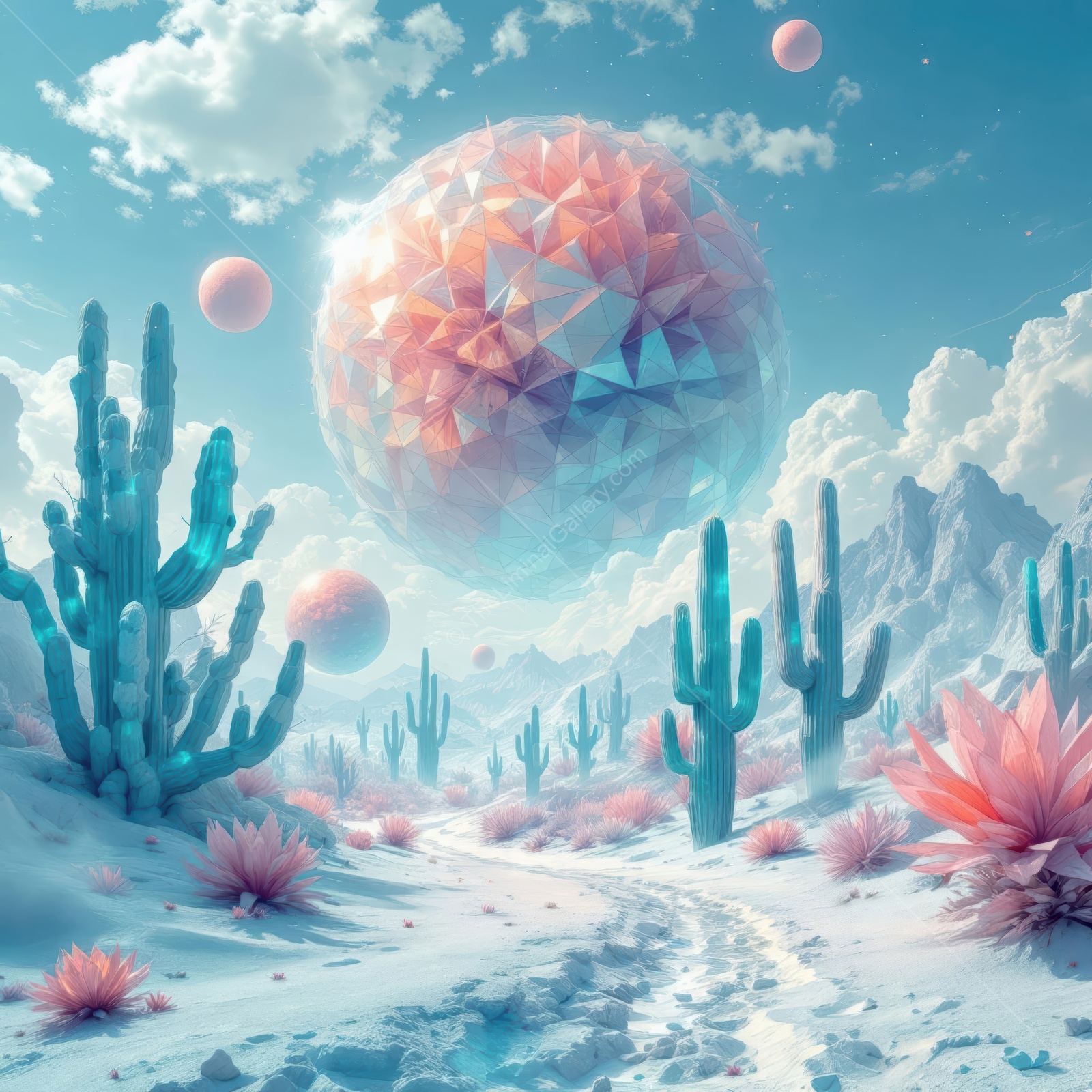 Vibrant desert landscape with geometric elements against a pastel sky at dawn