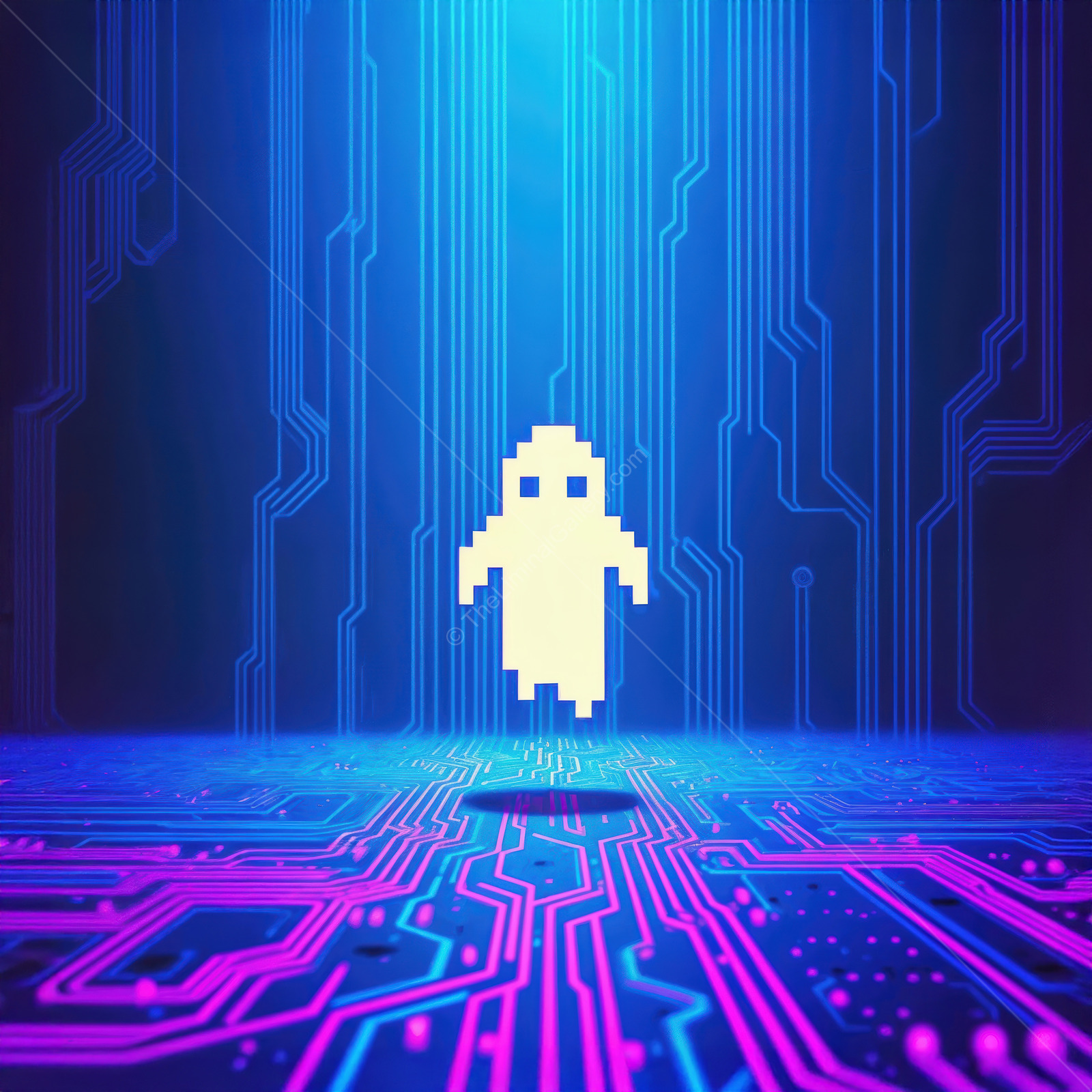 Digital ghost emerges in a futuristic landscape filled with vibrant circuits and blue glowing lights at dusk