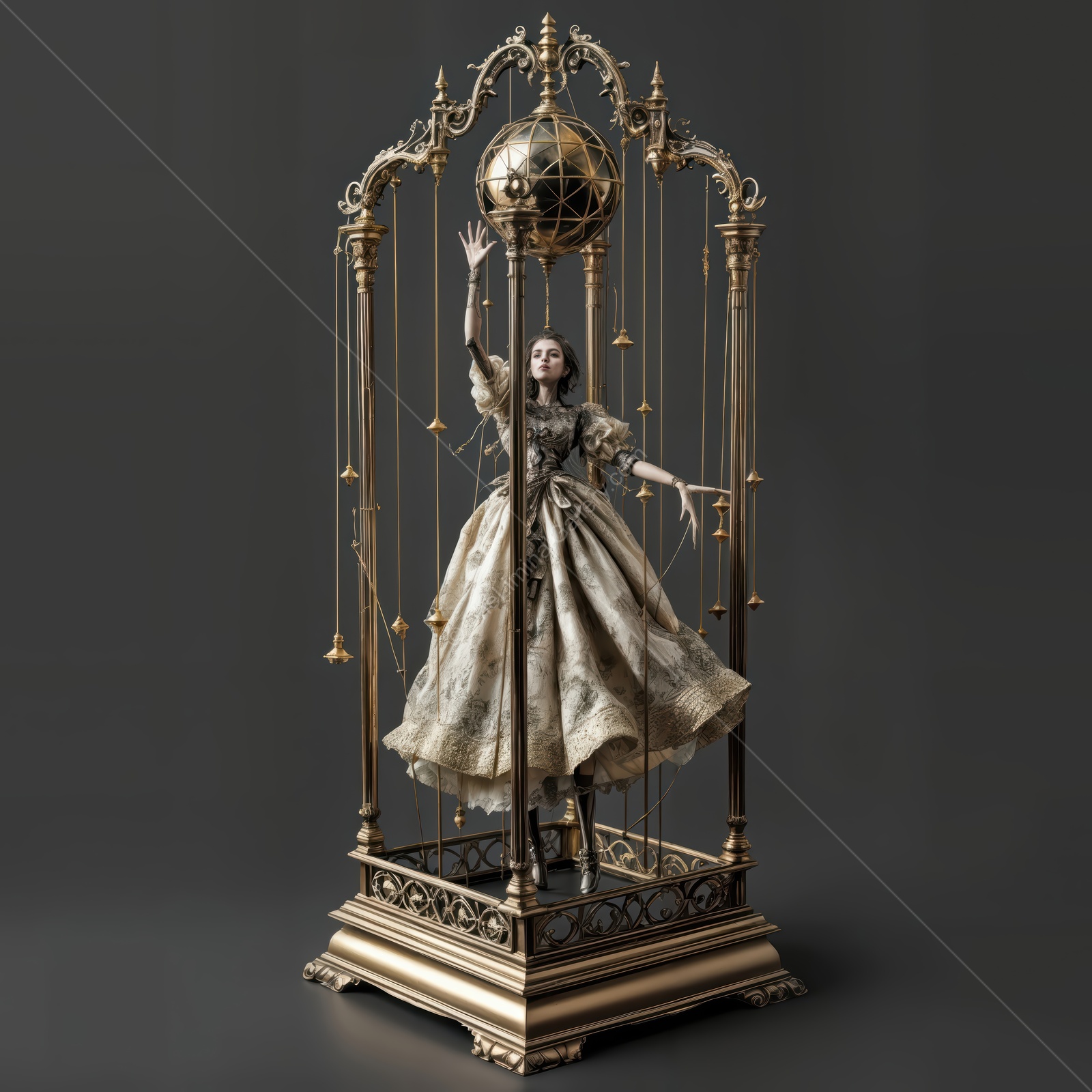 Dancing doll in ornate cage with globe above, showcasing intricate details and a blend of elegance and whimsy in a unique artistic creation