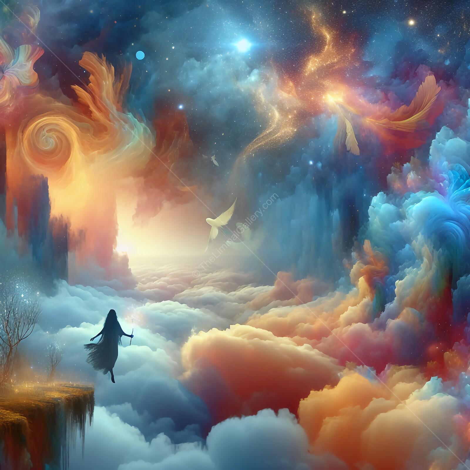 Dreamlike journey through colorful clouds at dawn with ethereal figures and vibrant cosmic elements