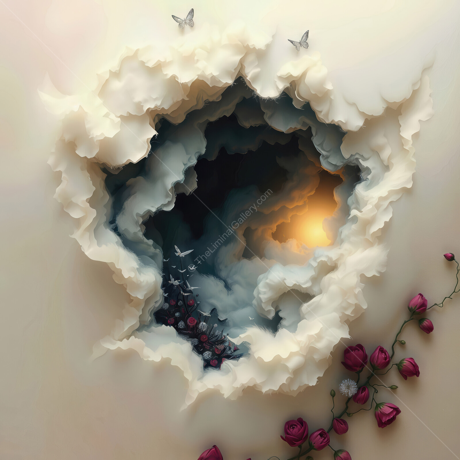 Clouds part to reveal a dreamlike landscape filled with butterflies and blooming roses