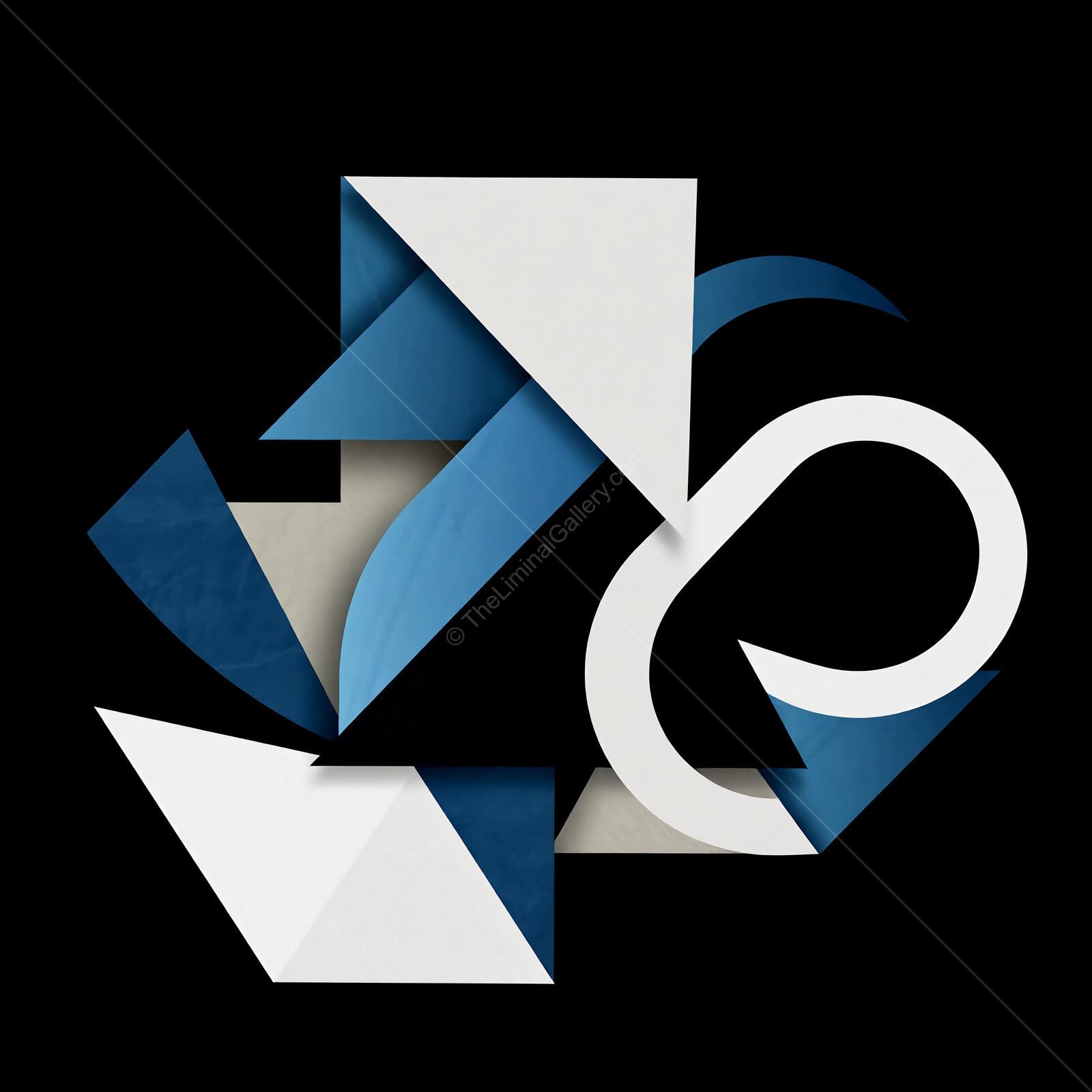 Dynamic geometric shapes intertwine in a modern art composition on a dark backdrop