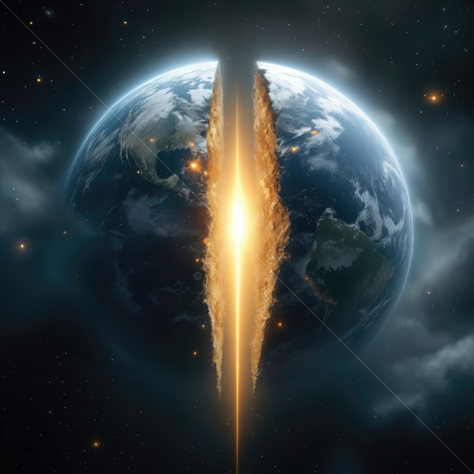 Powerful cosmic event creates a massive split in the Earth surrounded by stars and galaxies in deep space