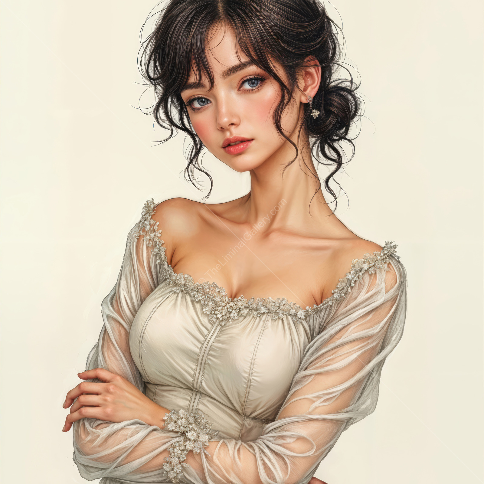 Elegant woman in a delicate dress exuding grace and beauty with soft features and an enchanting gaze during a serene moment