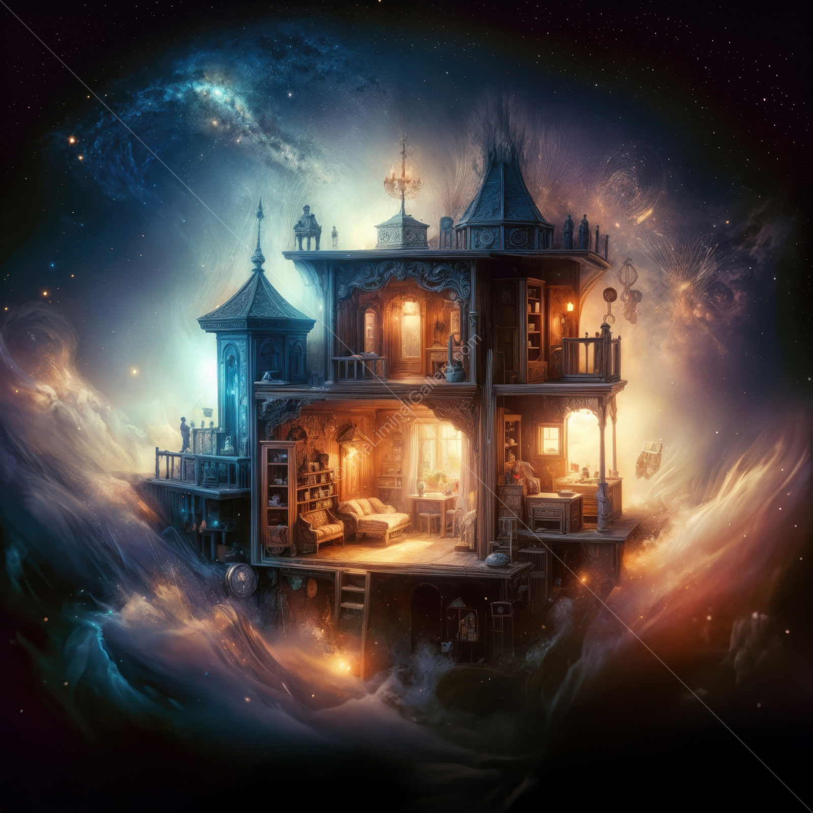 Enchanted floating house in a cosmic dreamland filled with glowing lights and swirling galaxies