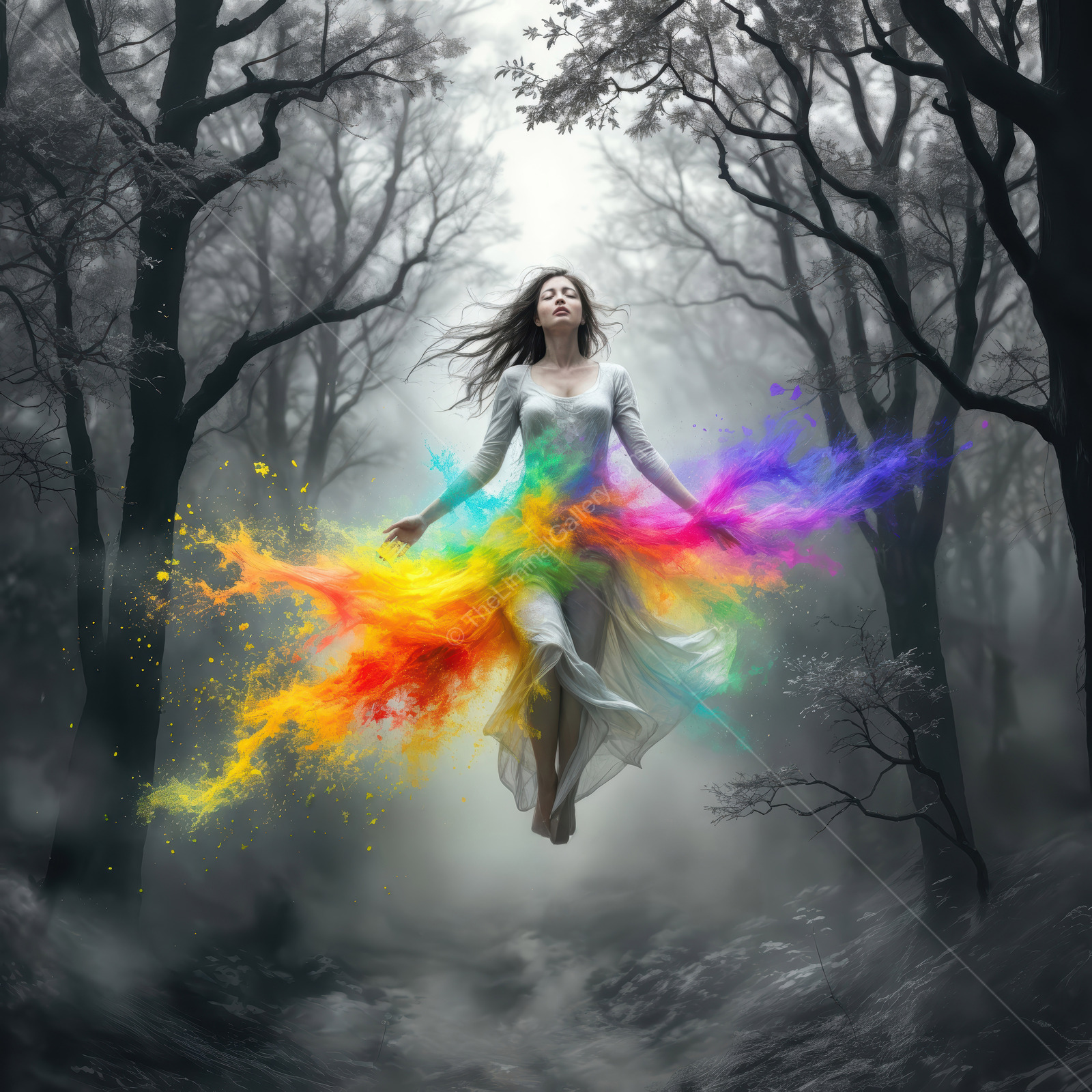 Magic woman in a colorful dress floating in a mystical forest during twilight
