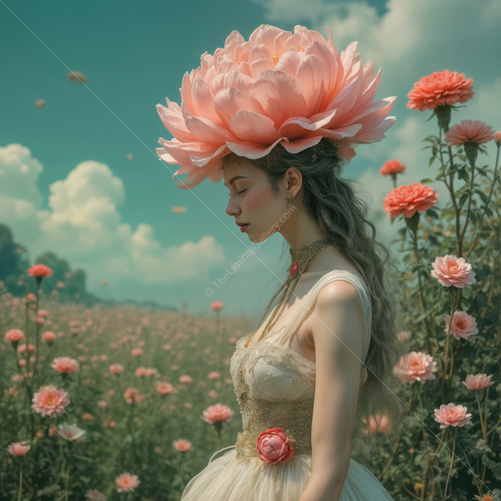 Whispers of spring in a flower field adorned by a graceful figure with a stunning floral crown, capturing nature's beauty and elegance