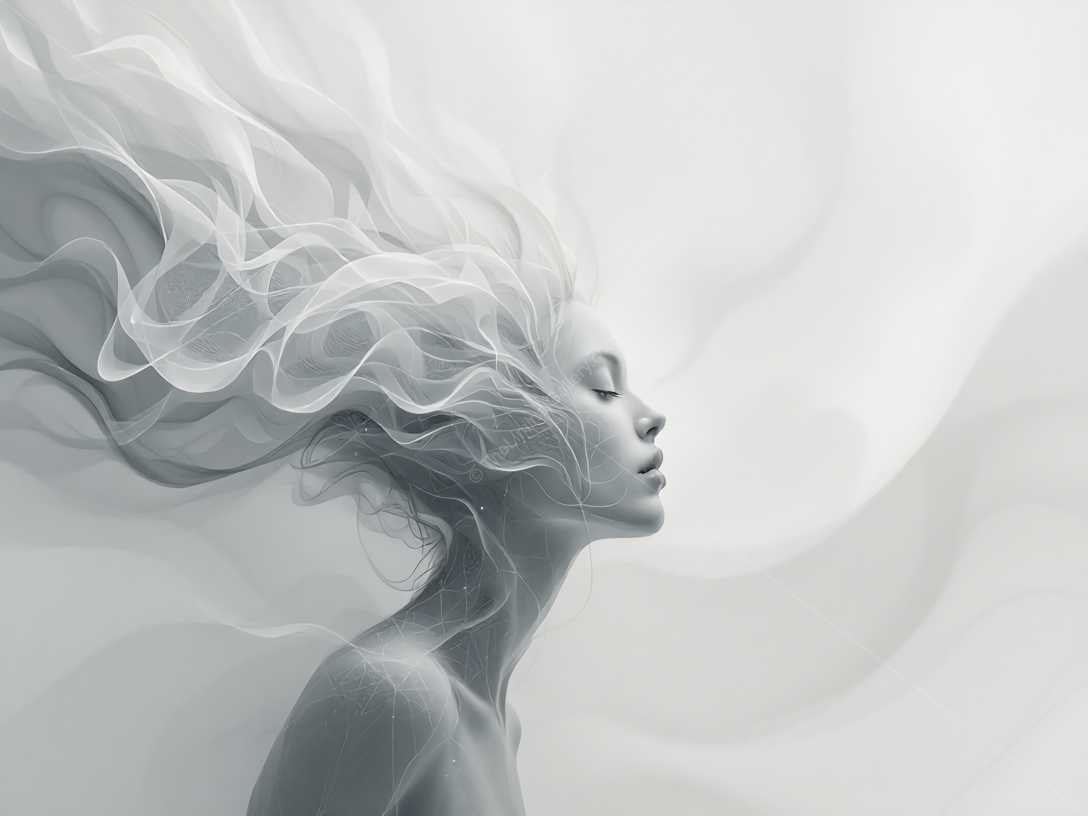 Ethereal beauty emerges in a dreamlike composition of flowing textures and graceful forms