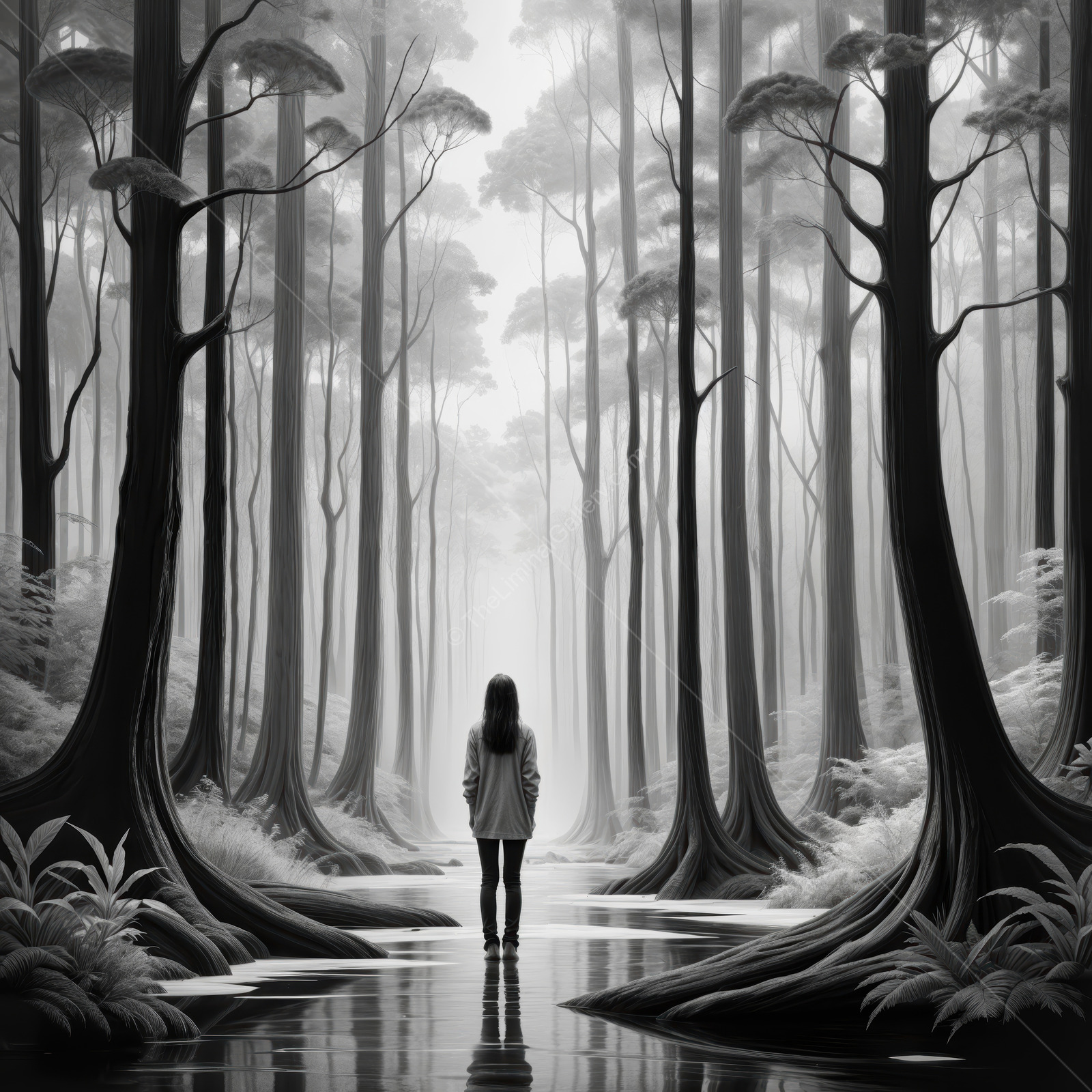 Mysterious journey through a foggy forest with silent reflections and towering trees