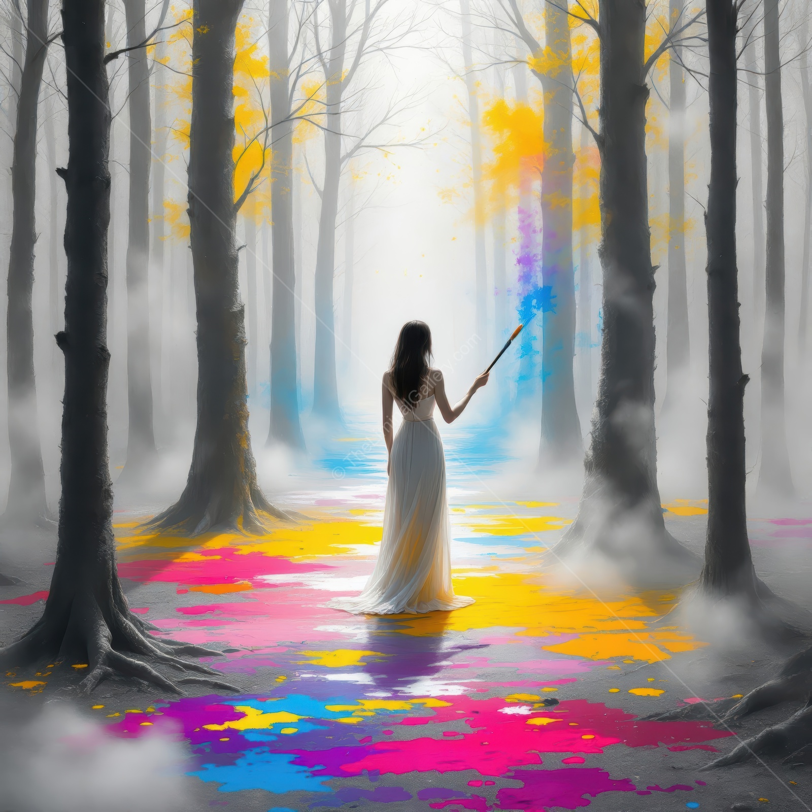 Journey through a magical forest where colors burst to life and a figure wields a mystical wand