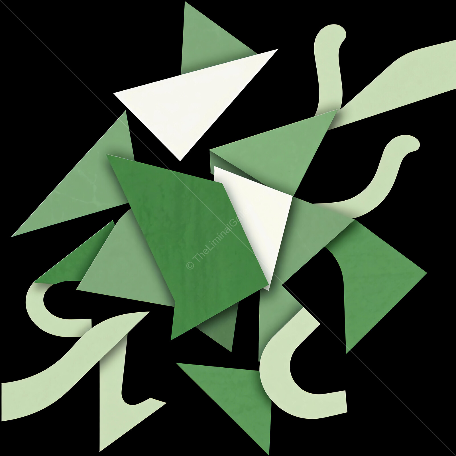 Complex geometric shapes in shades of green create a striking arrangement on a dark background