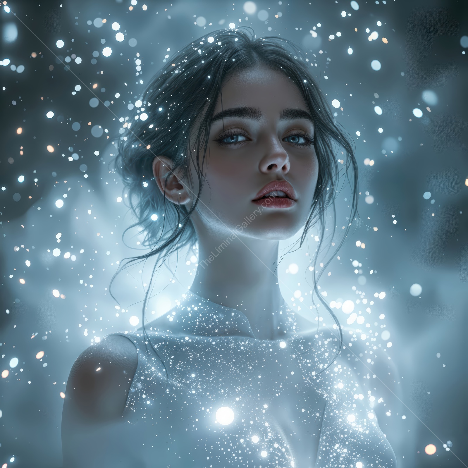 Mystical girl surrounded by glowing lights in an ethereal atmosphere at twilight