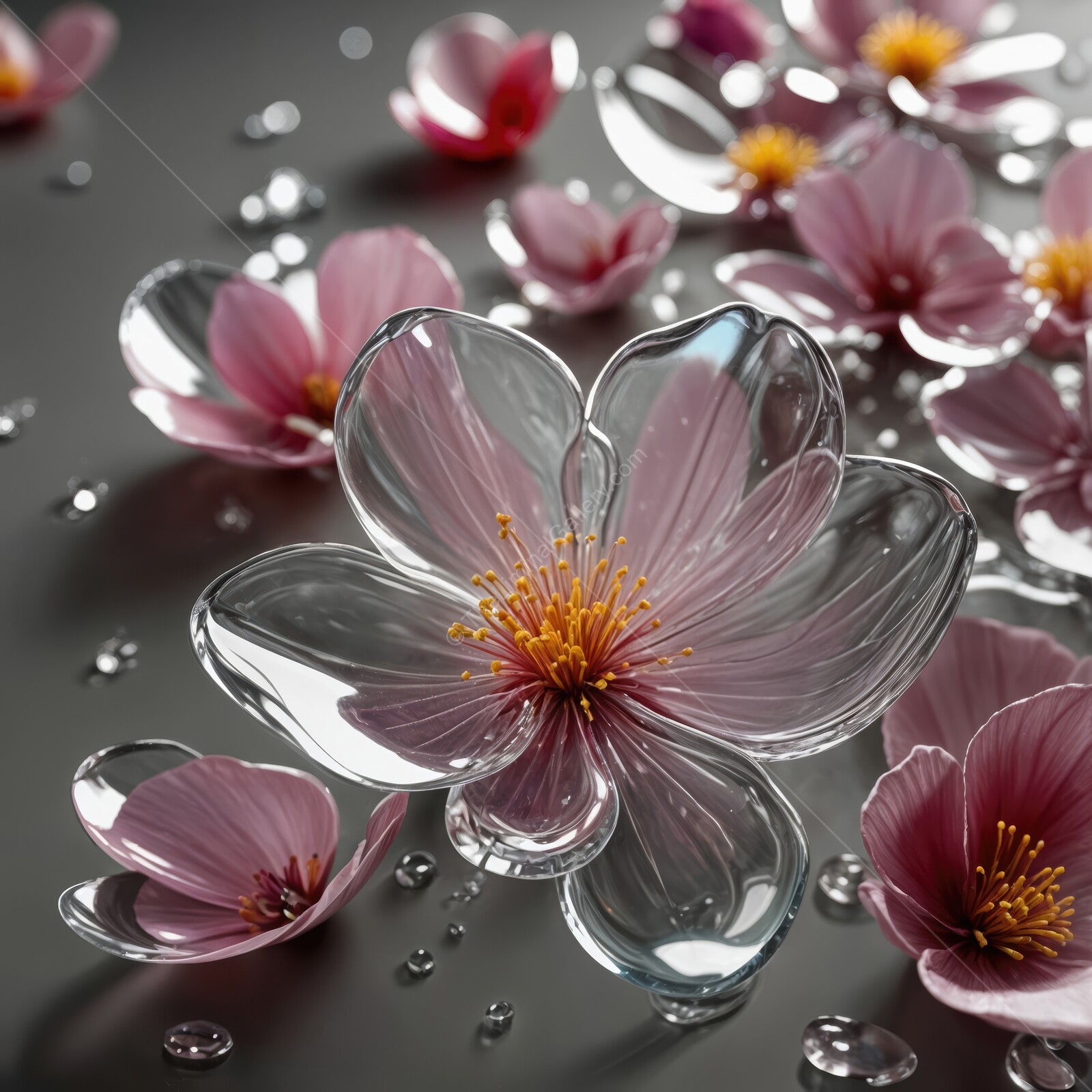 Delicate glass blossoms arranged elegantly on a textured surface with shimmering droplets