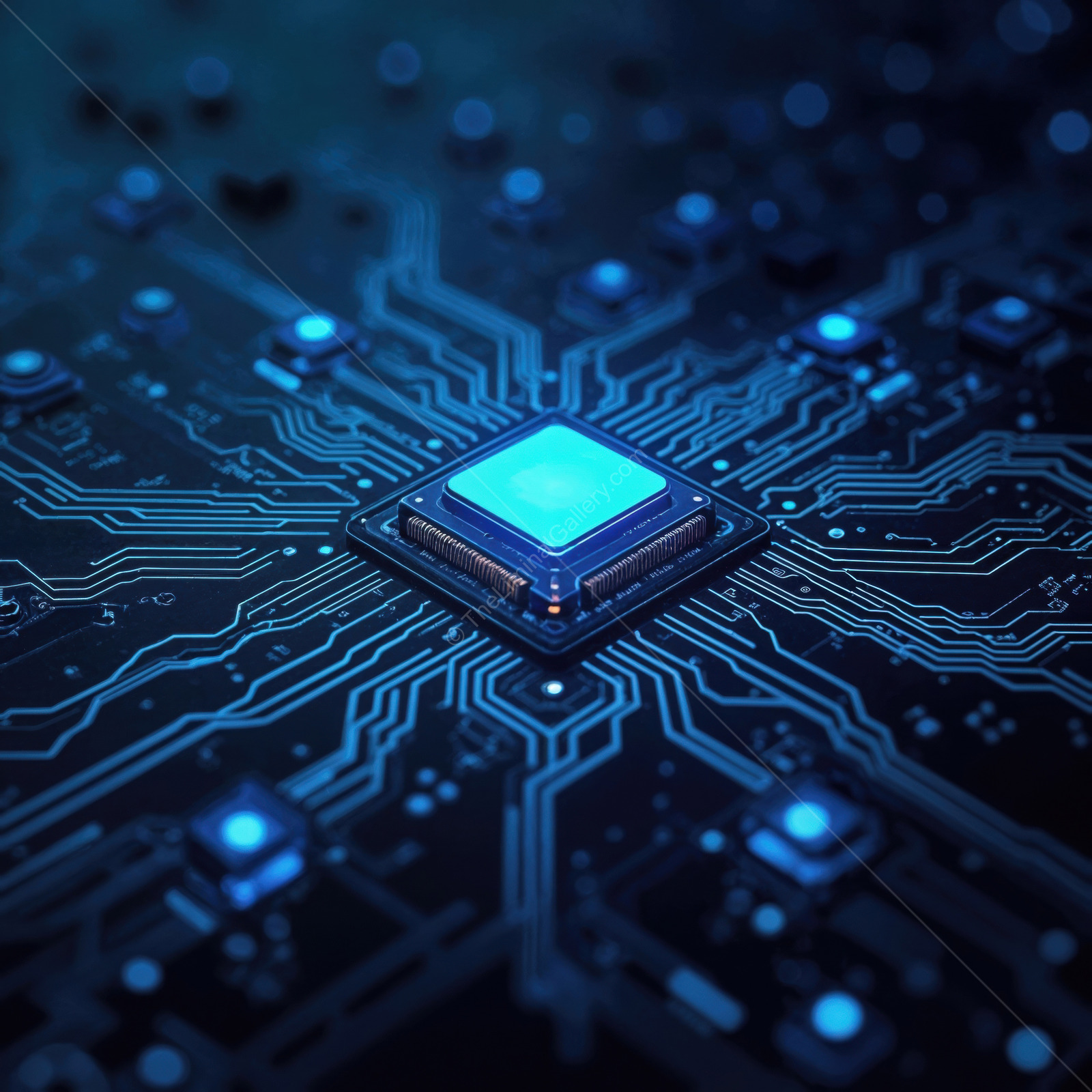 Exploring the intricate connections of a glowing circuit board at night for a futuristic technology vibe