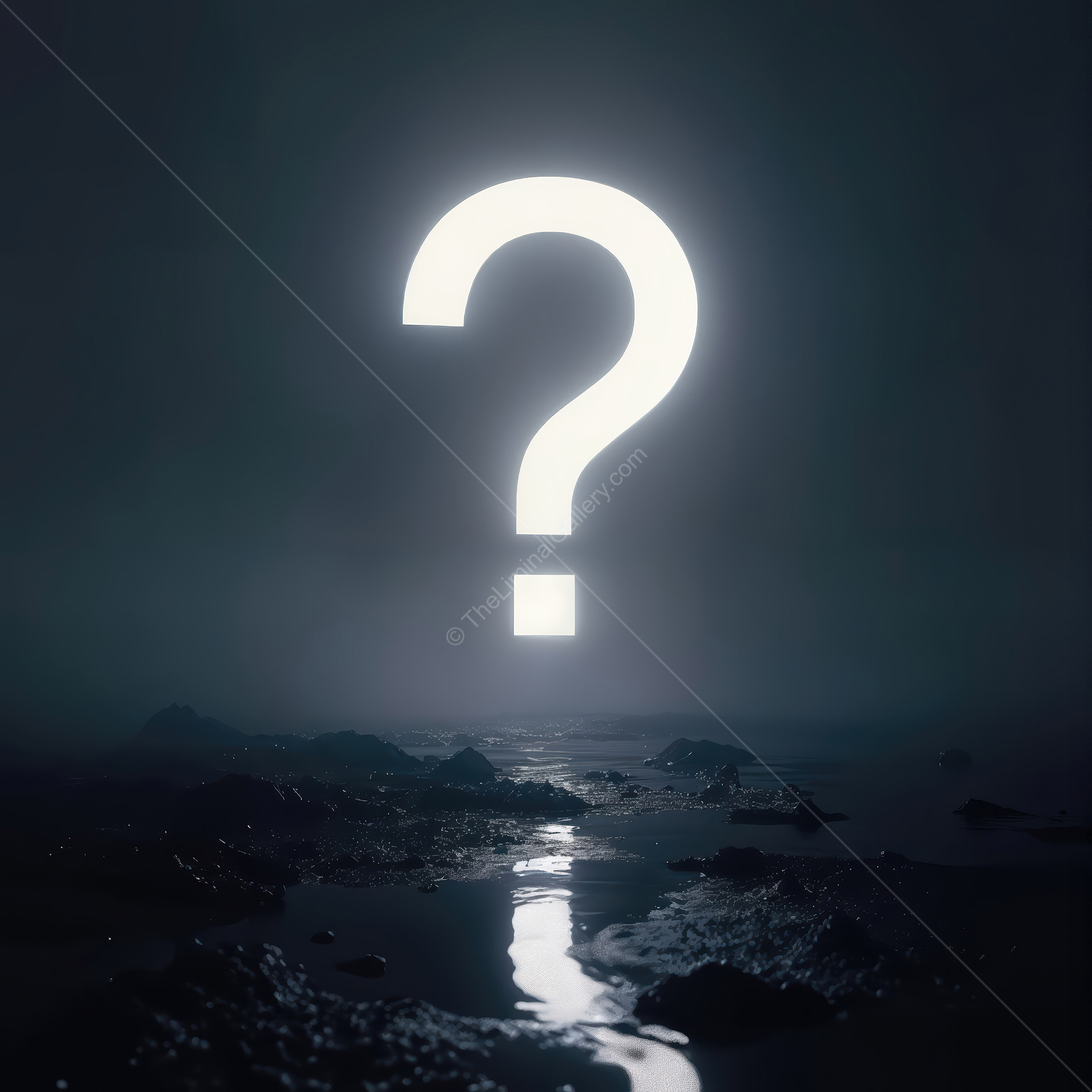 Mystery illuminated by glowing question mark above dark waters at night