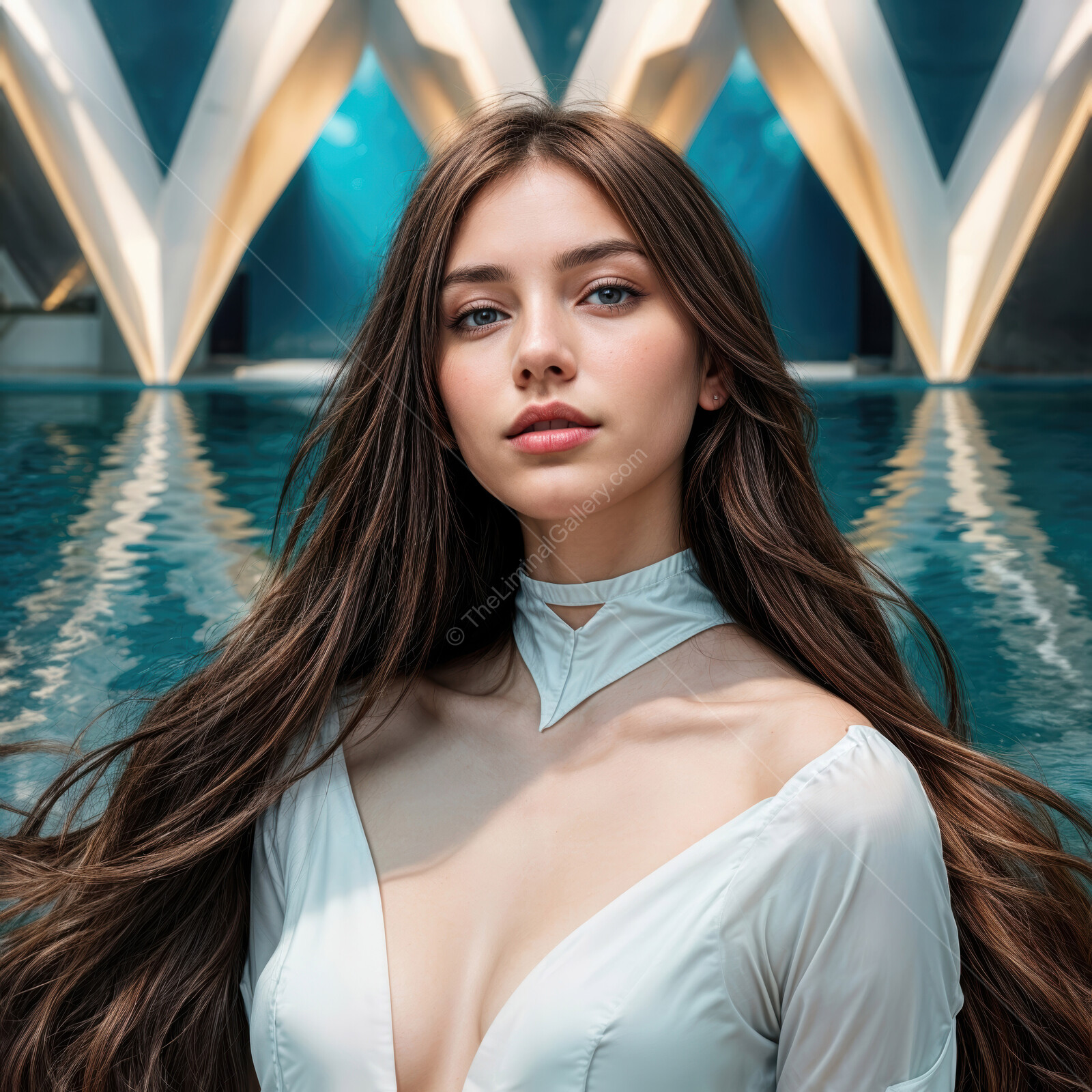Elegant model poses gracefully by tranquil waters in a striking architectural space