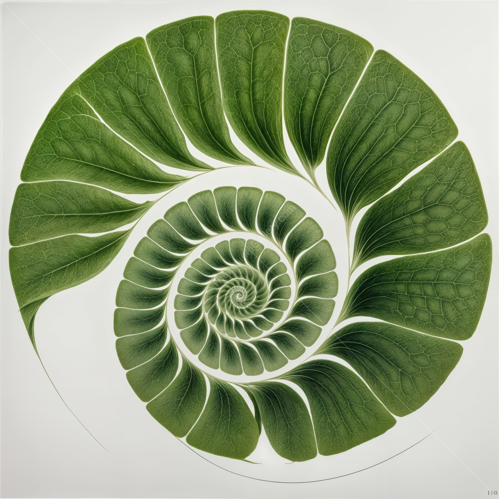 Swirling green leaves create a stunning spiral pattern inspired by nature's design at dusk