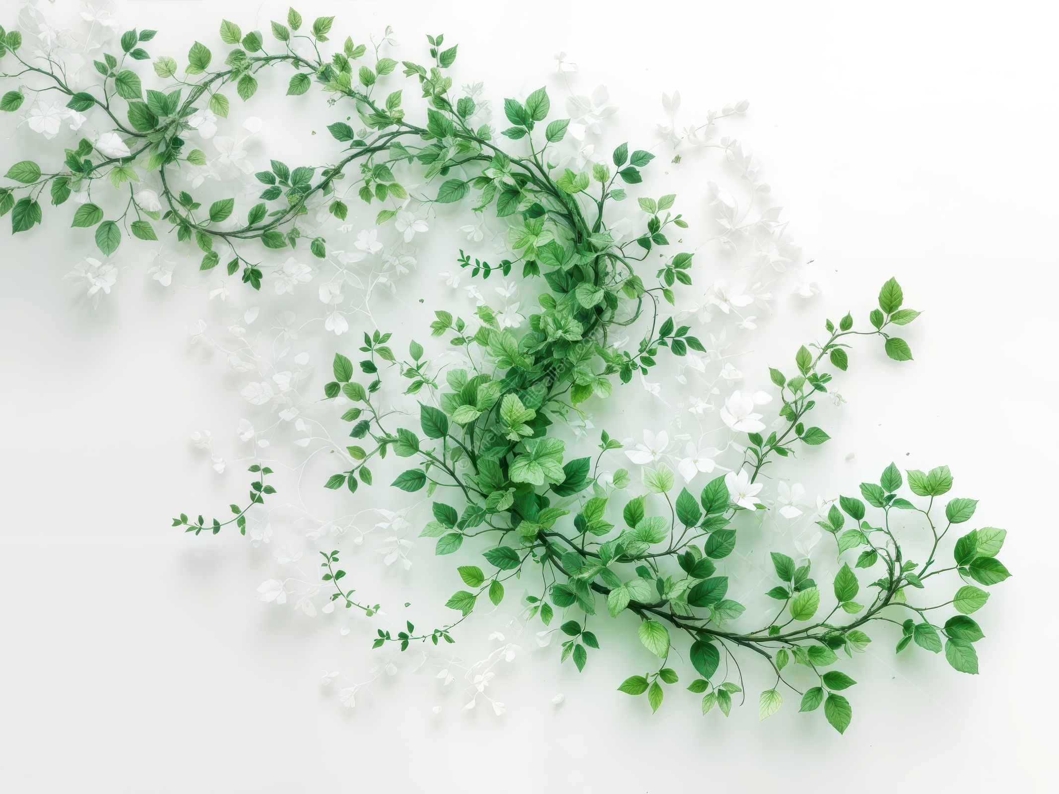 Intricate green vines and delicate white flowers create a serene botanical pattern in a tranquil setting