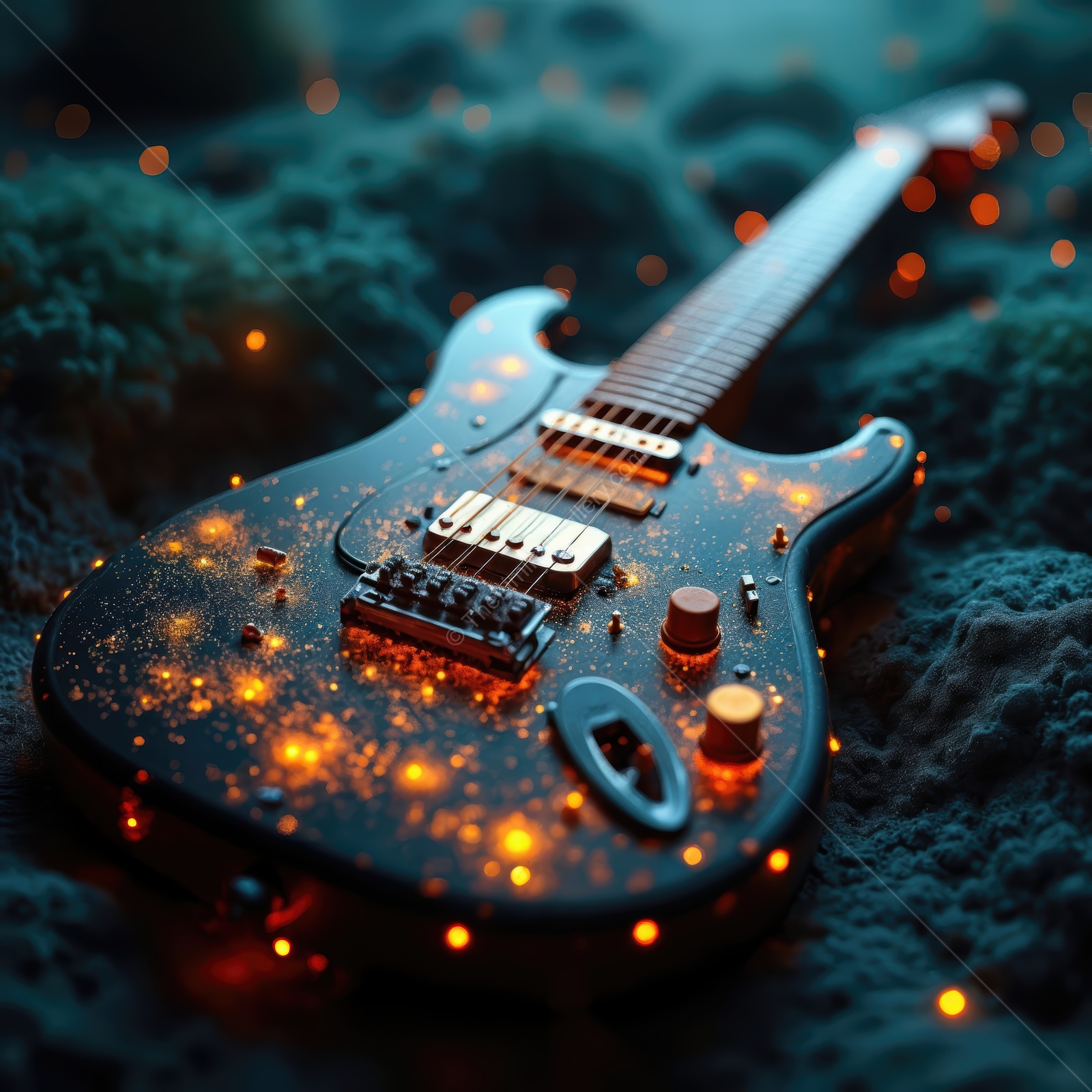 Guitar glowing with cosmic lights on an ethereal stage at twilight, creating a magical atmosphere for musicians and dreamers