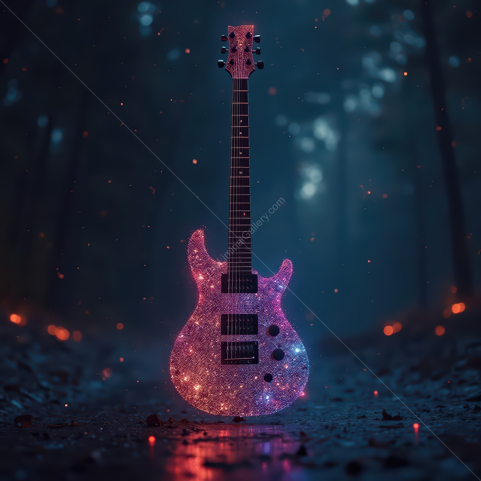 Guitar sparkles with cosmic colors amidst a dreamy forest at twilight