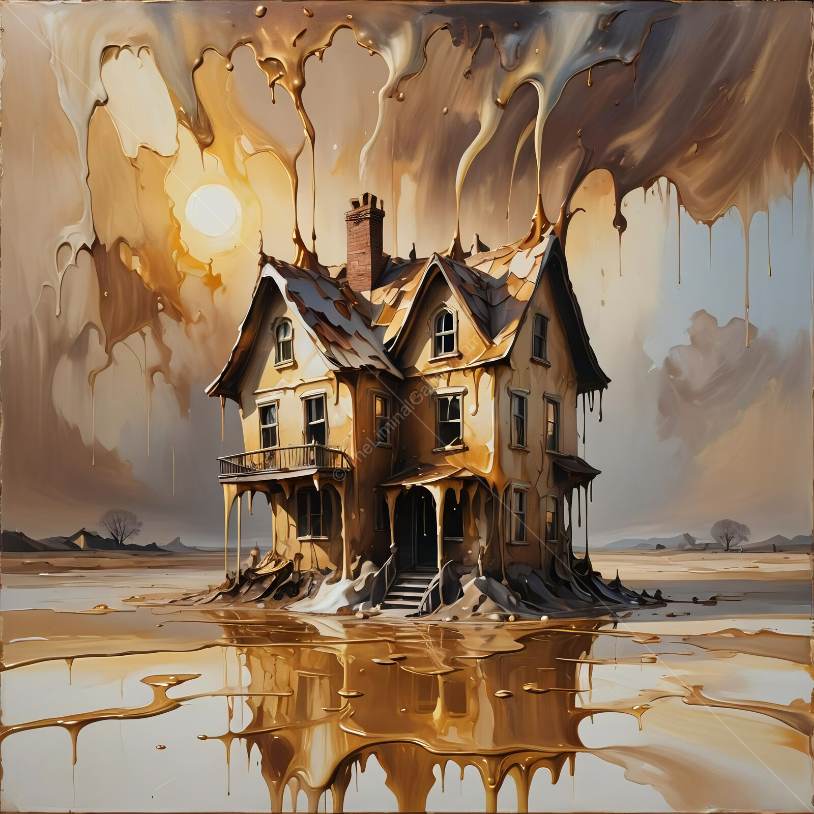 Melting dreams of a surreal house caught in a golden flood at dusk