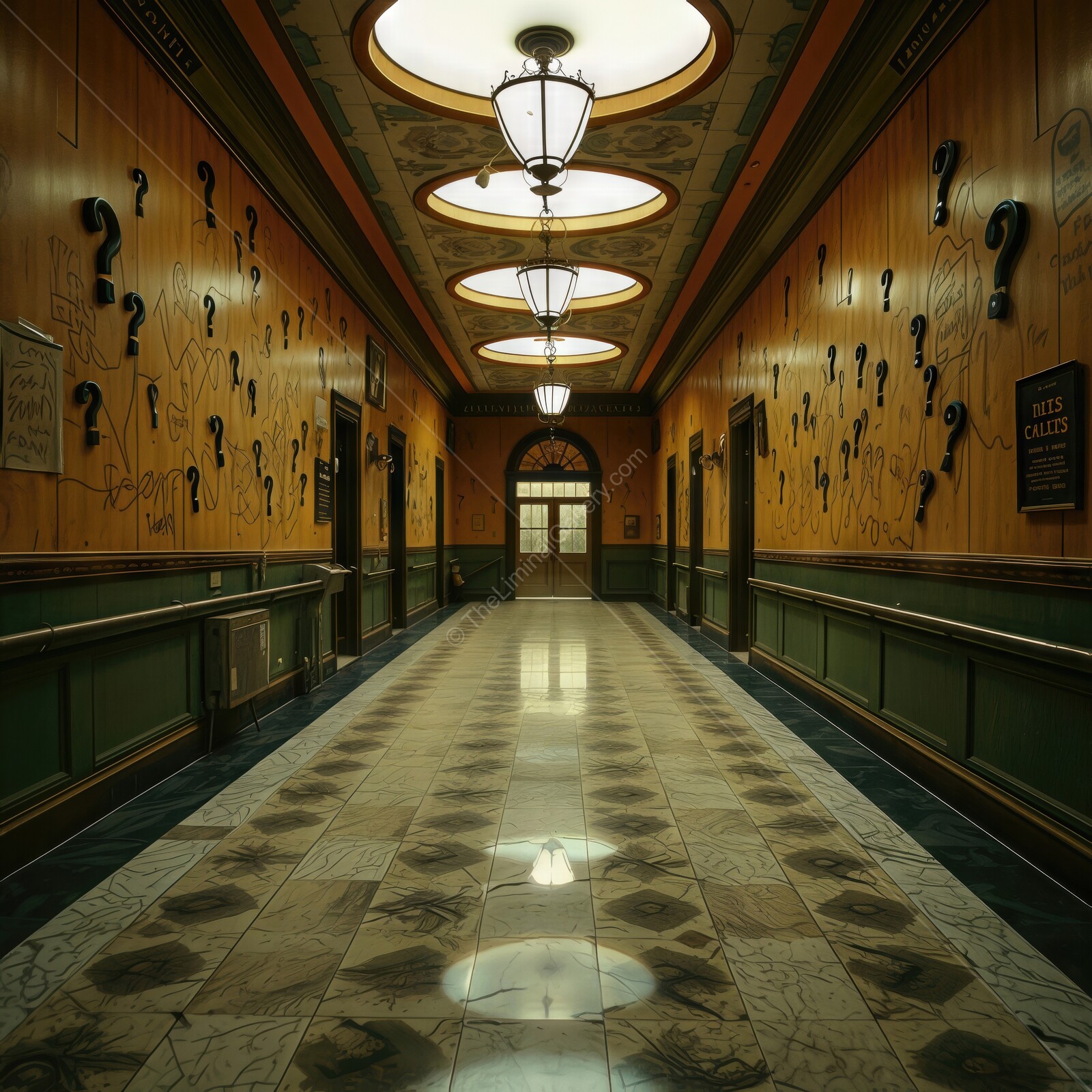 Long hallway with vintage lamp fixtures and mysterious wall decor invites exploration of its secrets