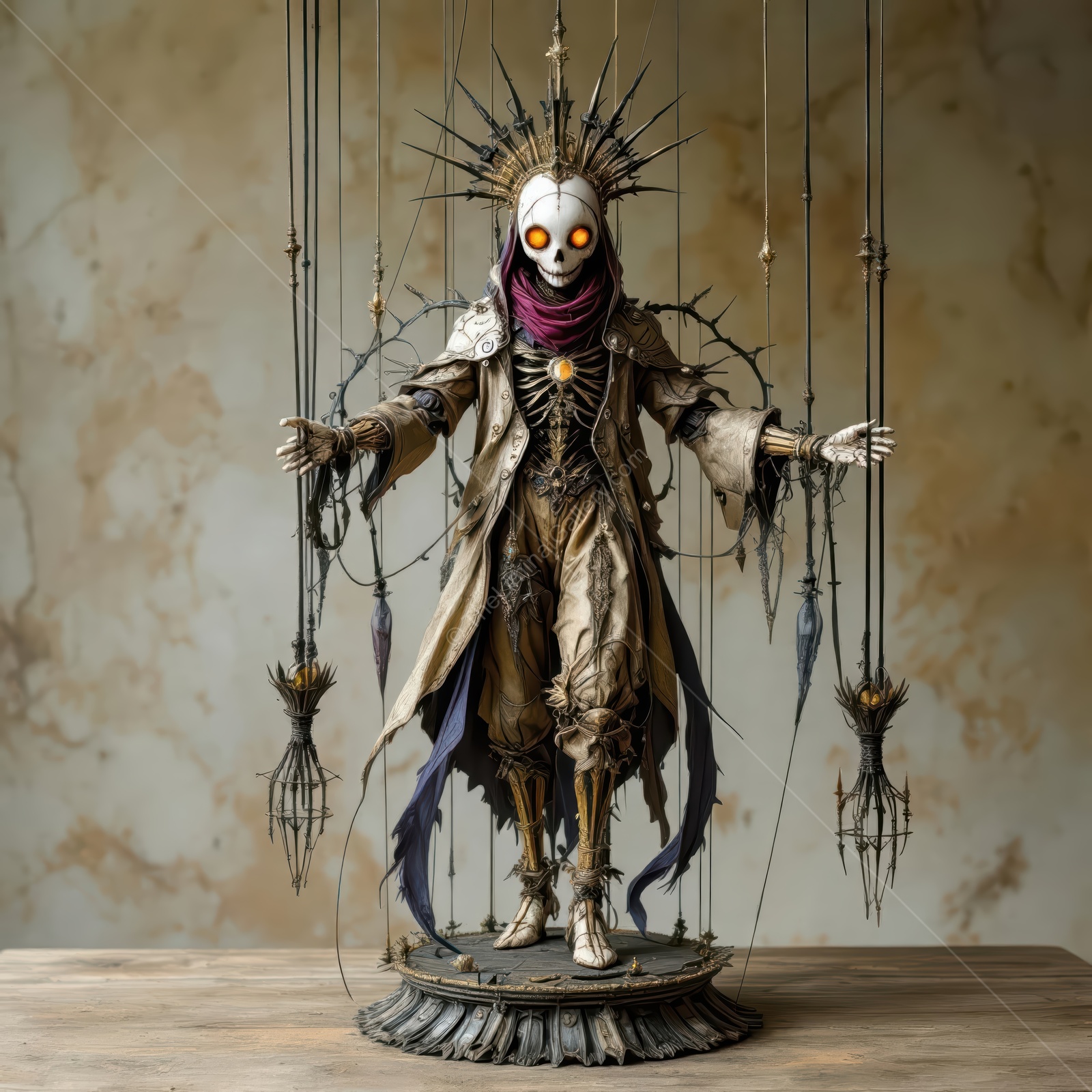Mysterious marionette figure with glowing eyes and ornate details poised in a shadowy space