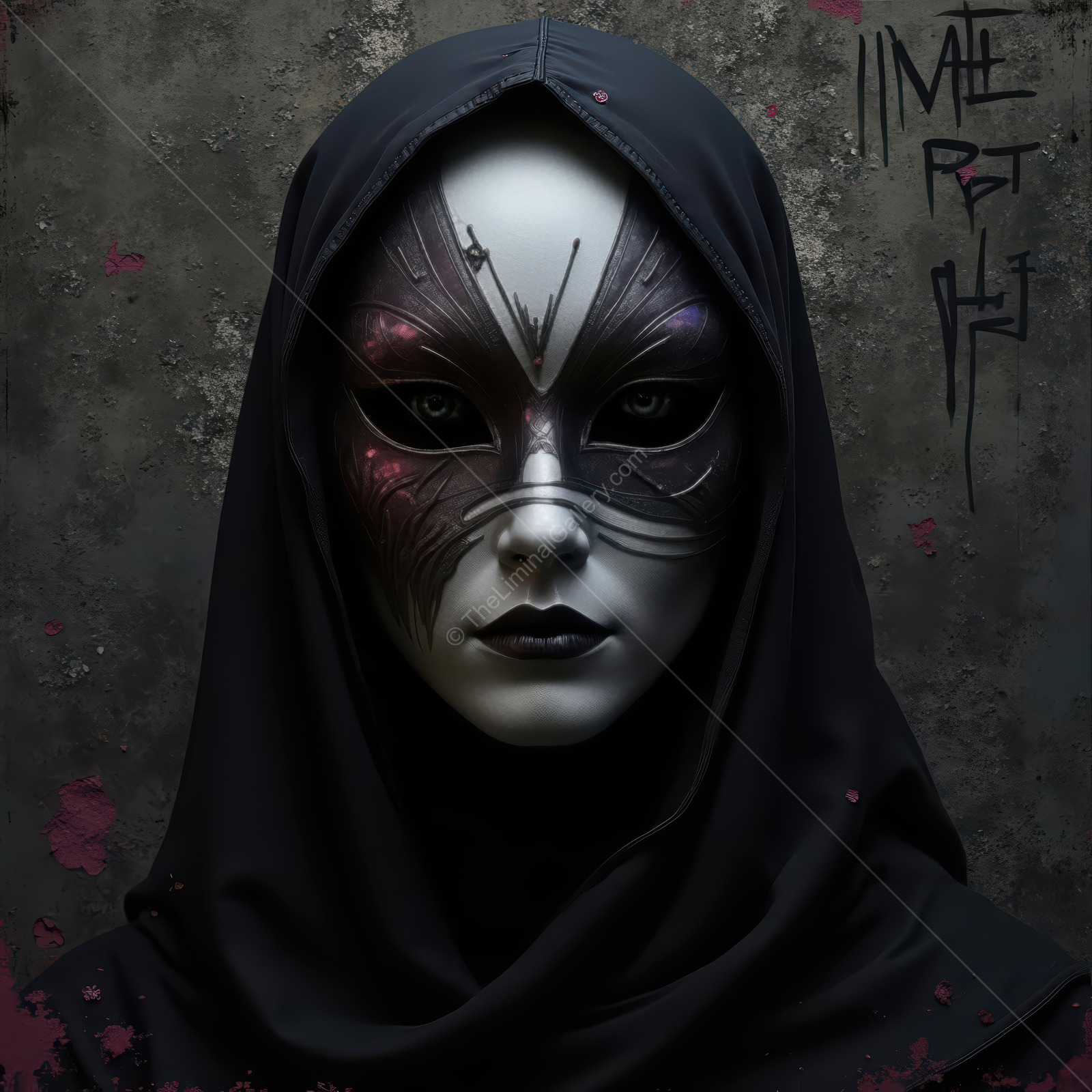 Mystical figure with intricate mask and dark attire stands against a textured background, exuding mystery and allure