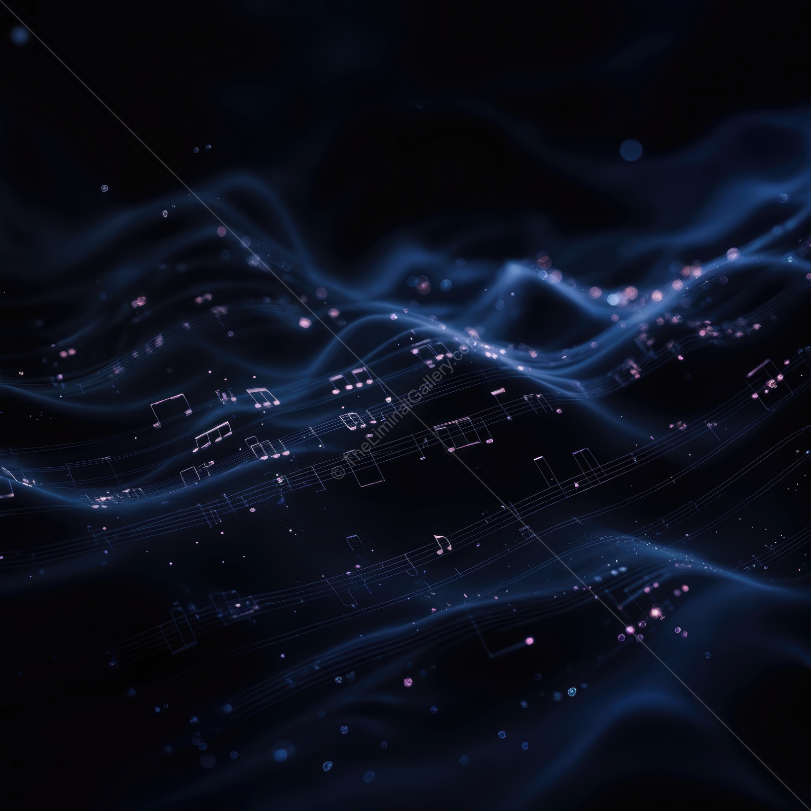 Vibrant melody waves dance in the dark, creating a mystical atmosphere full of sound and light