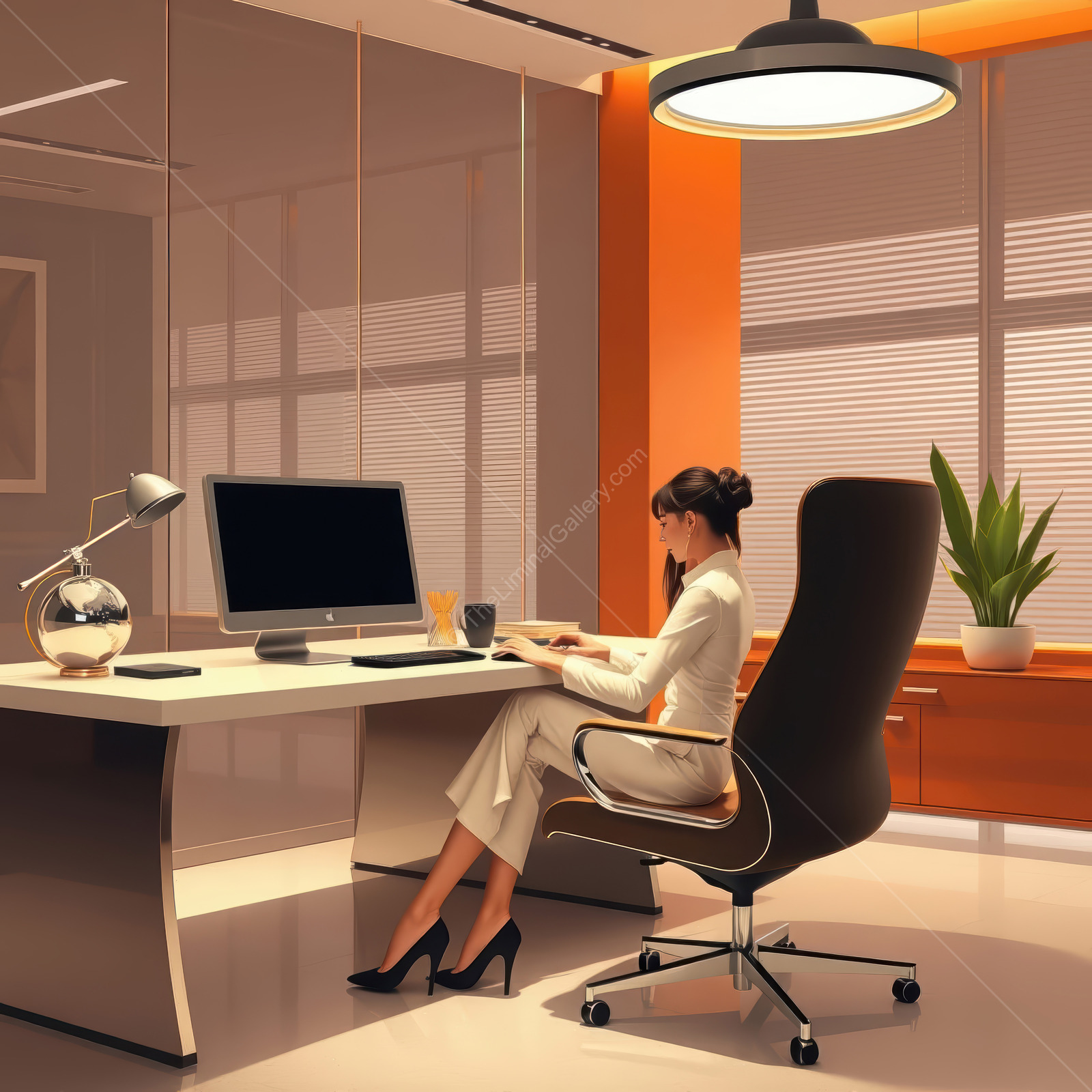 Woman working diligently at a modern office desk in a stylish workspace during the afternoon light
