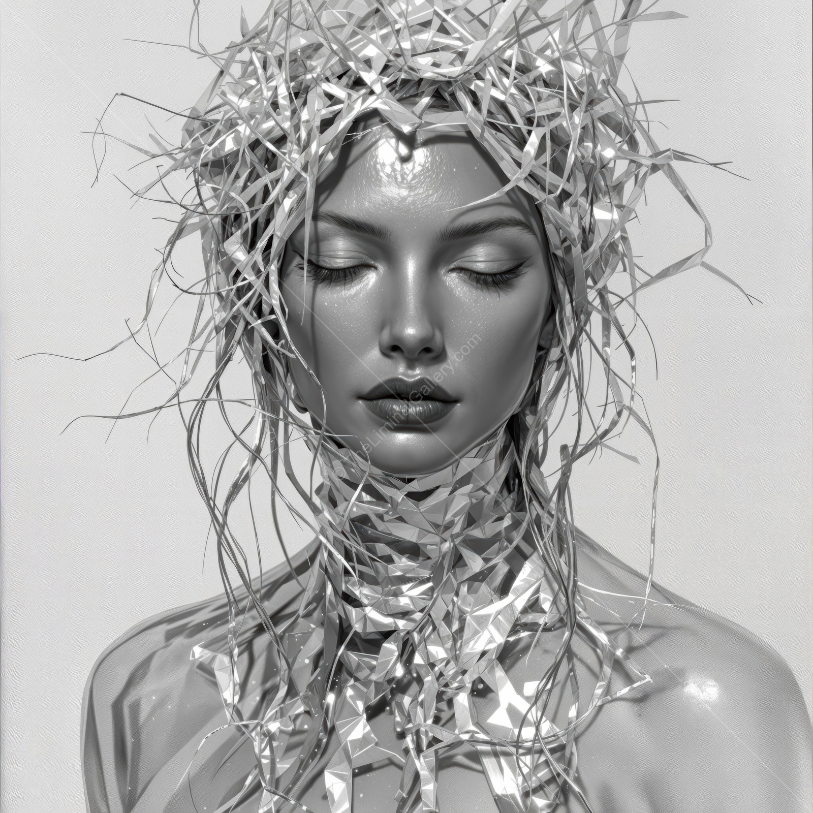 Artistic portrayal of a stunning model adorned with metallic elements and intricate hairstyles in a monochrome setting