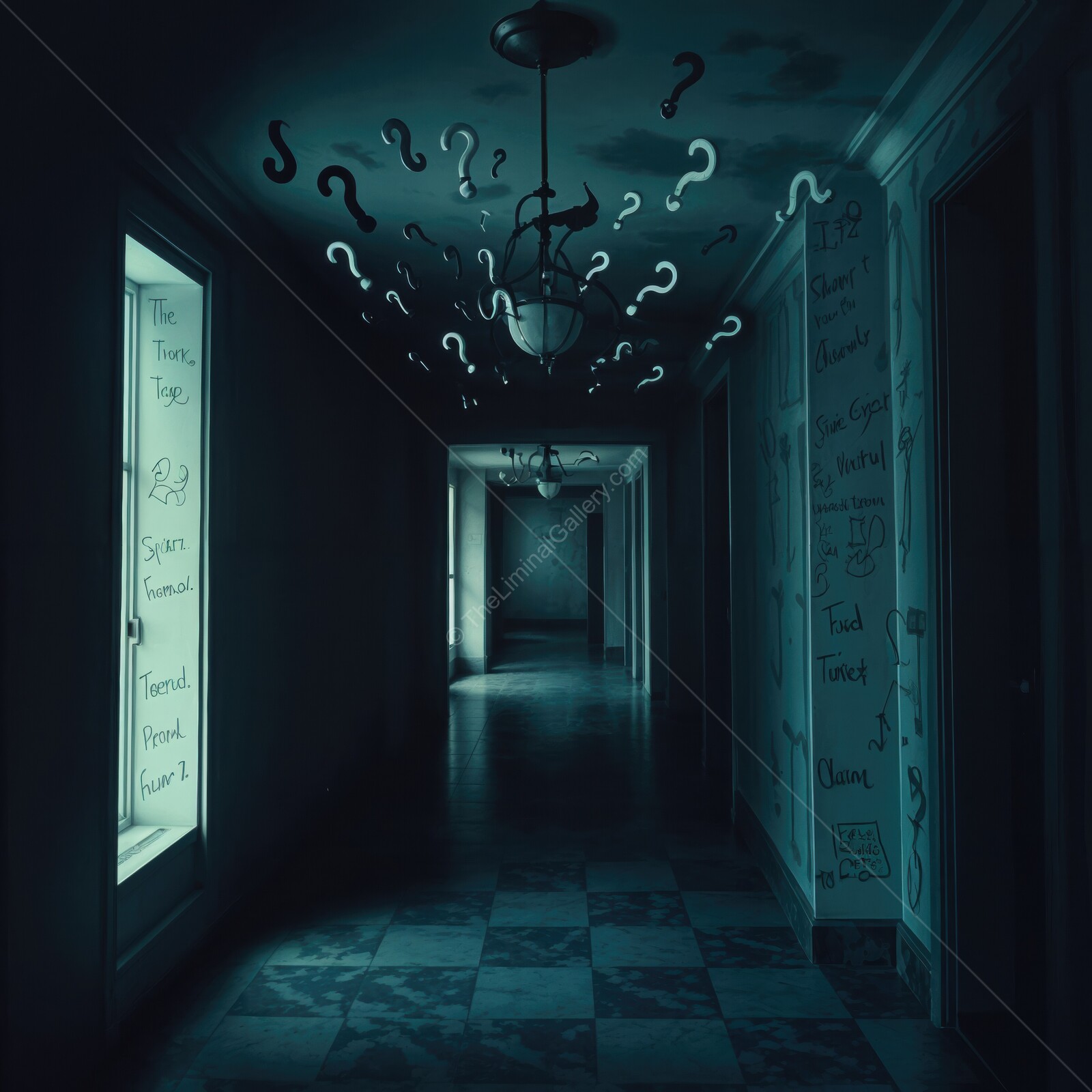 Mysterious deserted hallway illuminated by eerie light and curious symbols evoking a sense of wonder and intrigue