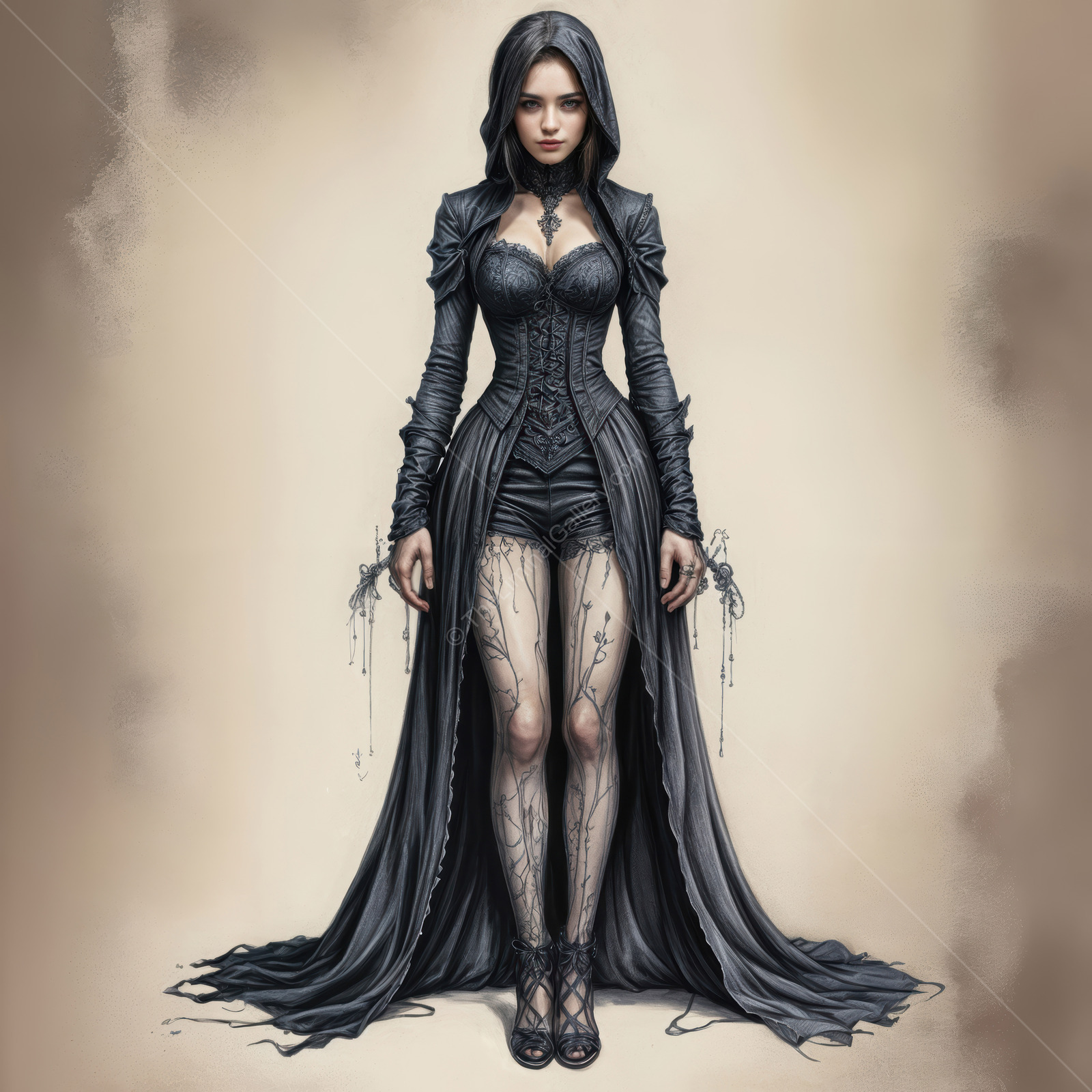 Mysterious figure in an elegant dark outfit stands confidently in a timeless setting under soft lighting