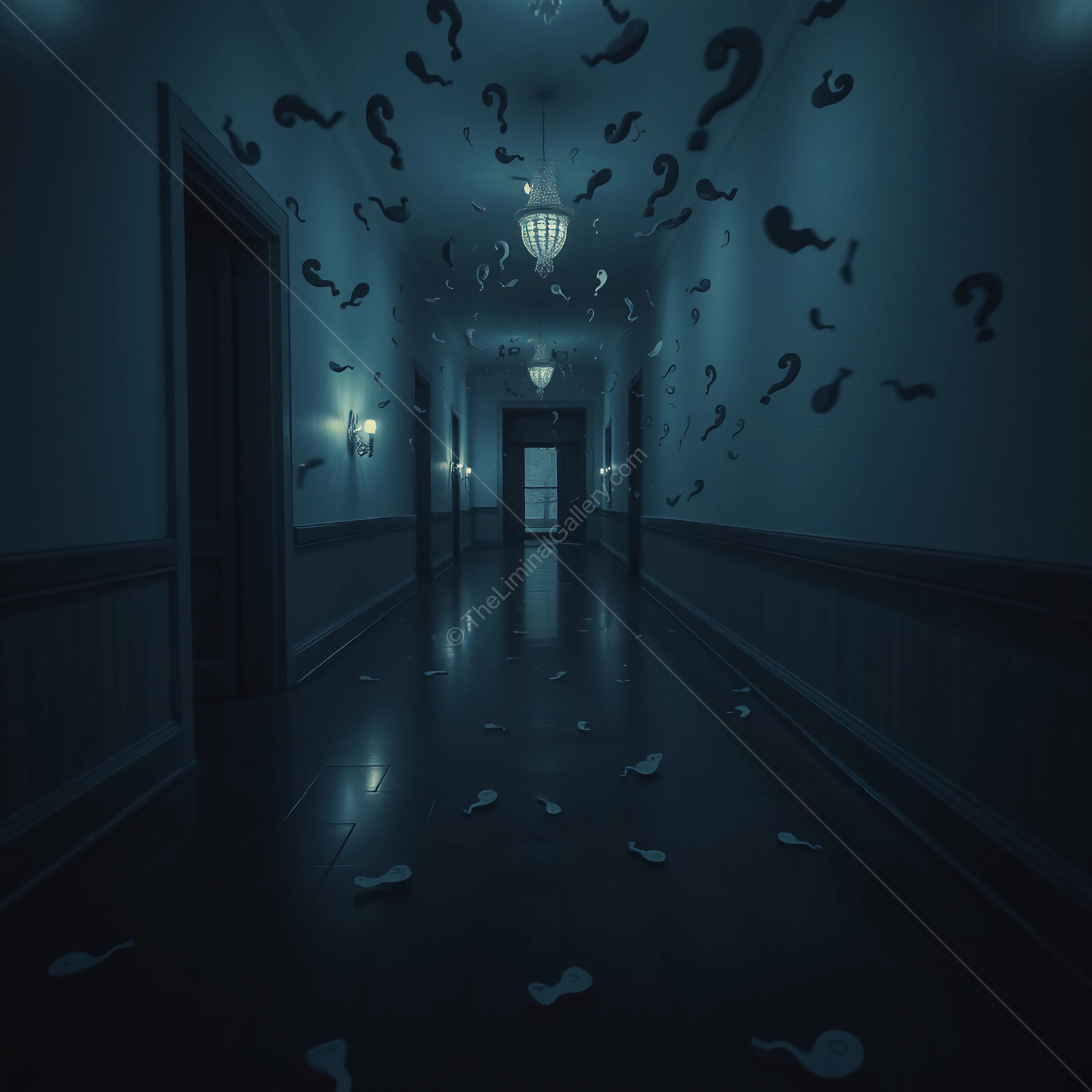 Mysterious hallway filled with shadows and question marks at twilight