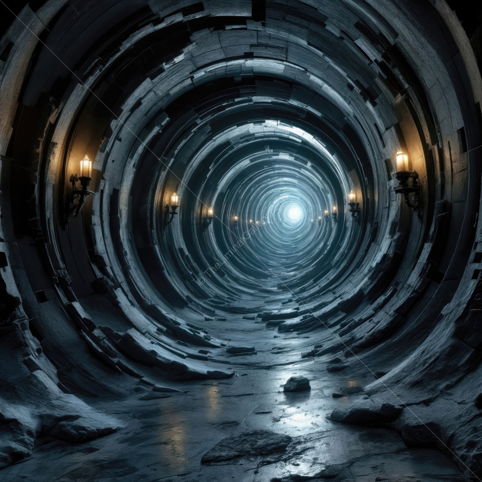 Mysterious tunnel illuminated by flickering lanterns beckons exploration in a dimly lit underground realm