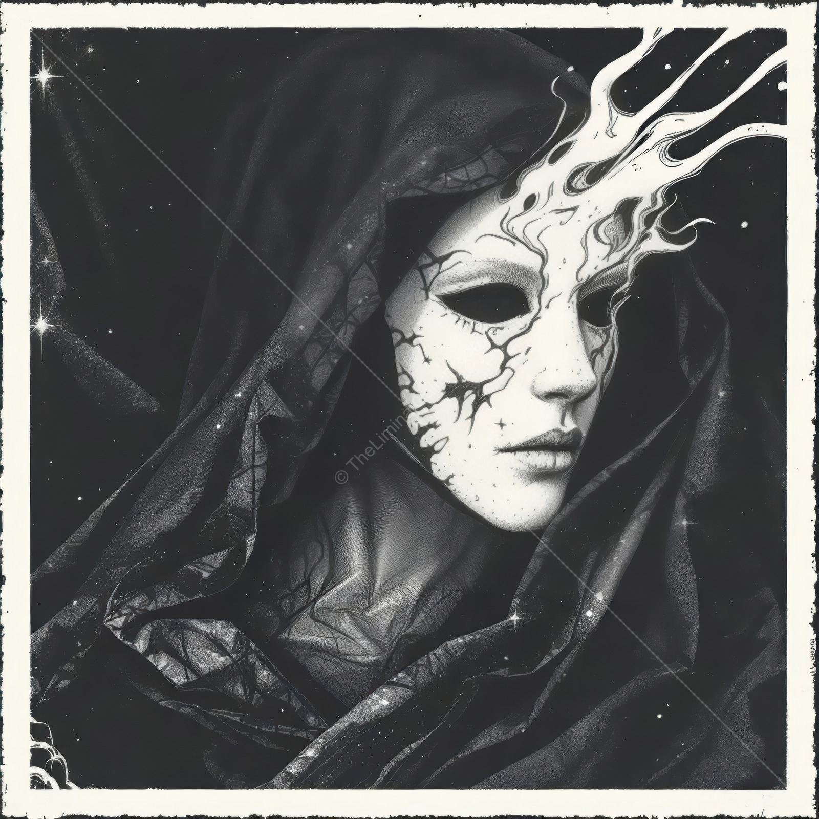 Mysterious figure in shadows with smoky tendrils and intricate patterns expressing emotion and depth