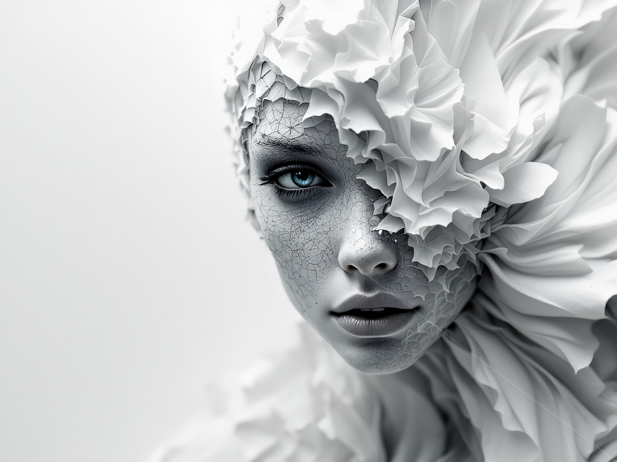 Mystical figure with intricate white textures and striking eyes in a dreamlike setting