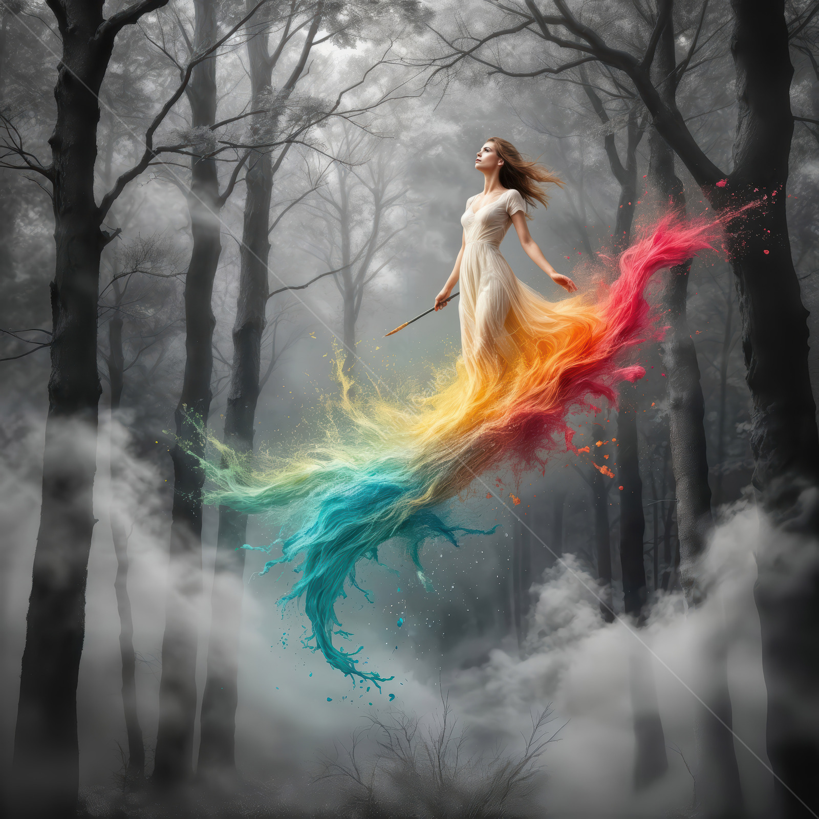 Enchanting forest scene with a magical woman wielding a color stream in a mystical landscape