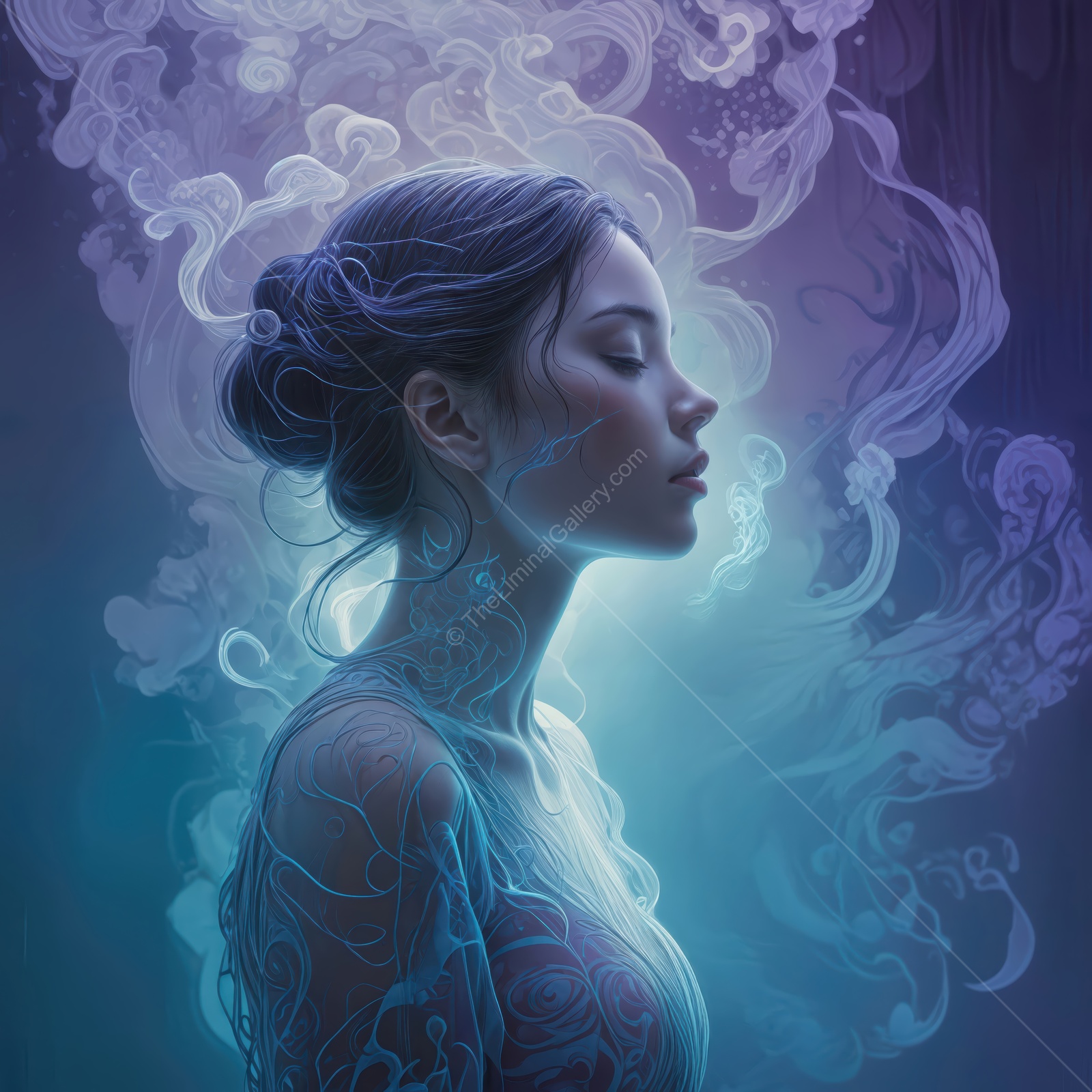 Ethereal beauty surrounded by mystical wisps in a serene dreamscape of colorful hues