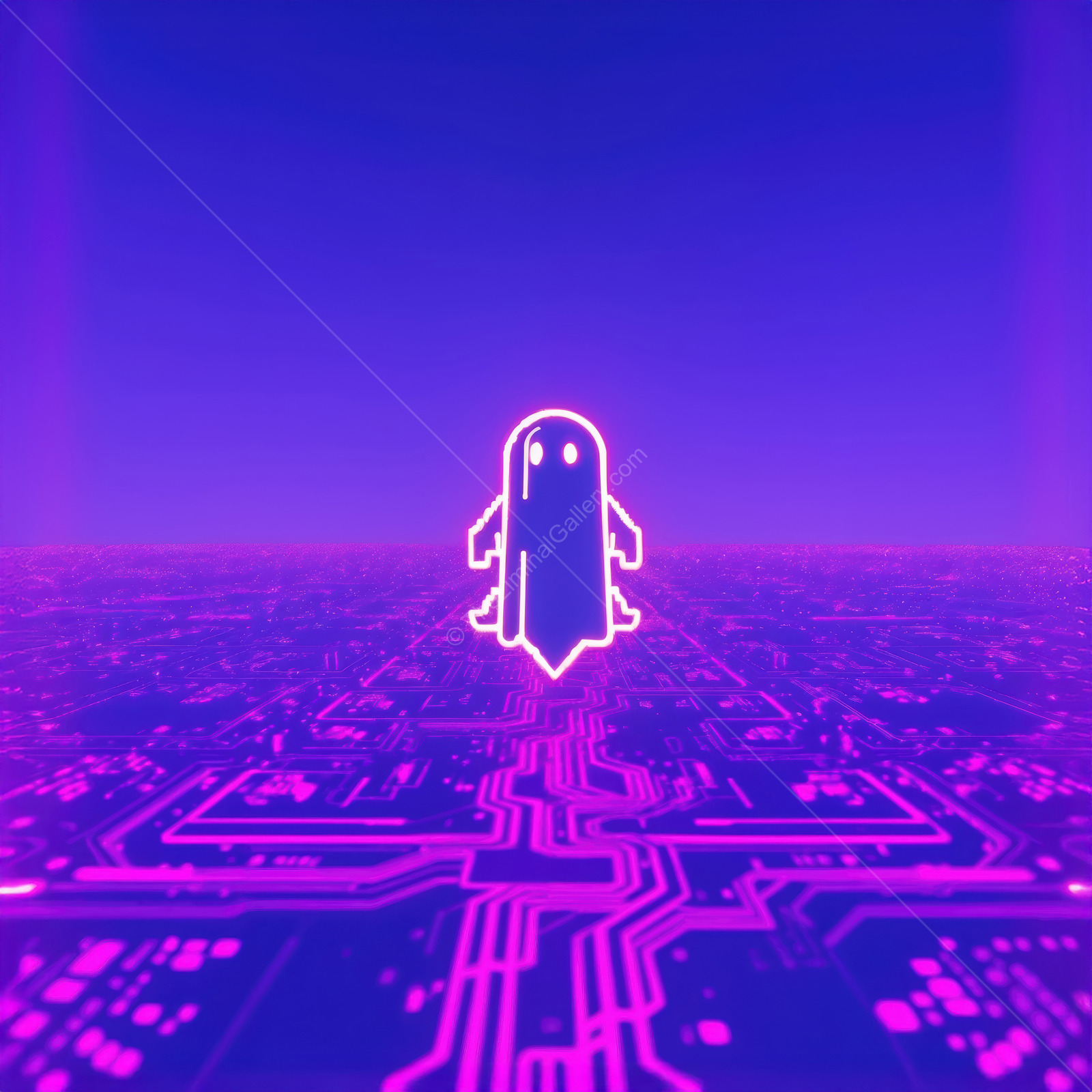 Neon ghost dances in a digital landscape under a vibrant purple sky