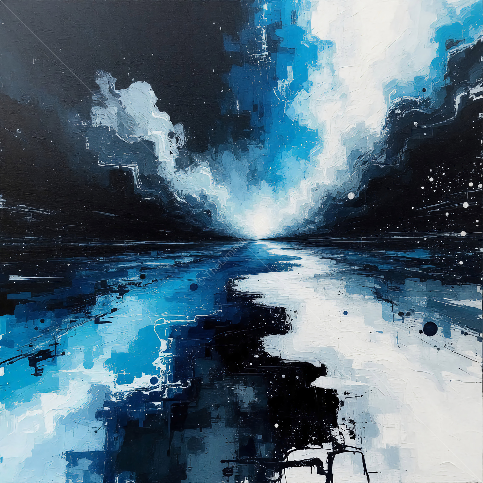 Vibrant ocean scene with dynamic clouds reflecting stunning blues and blacks at twilight