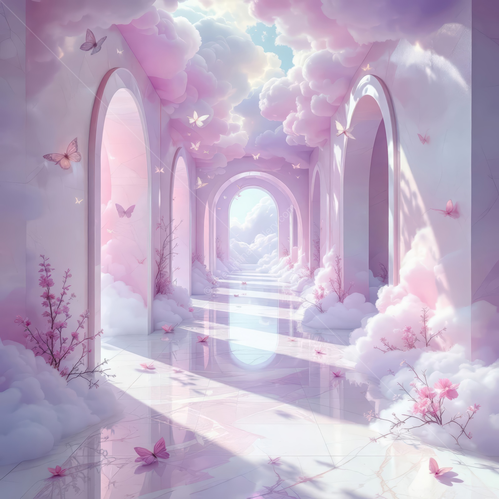 Dreamy hallway with arches and butterflies in a pastel-colored cloudscape