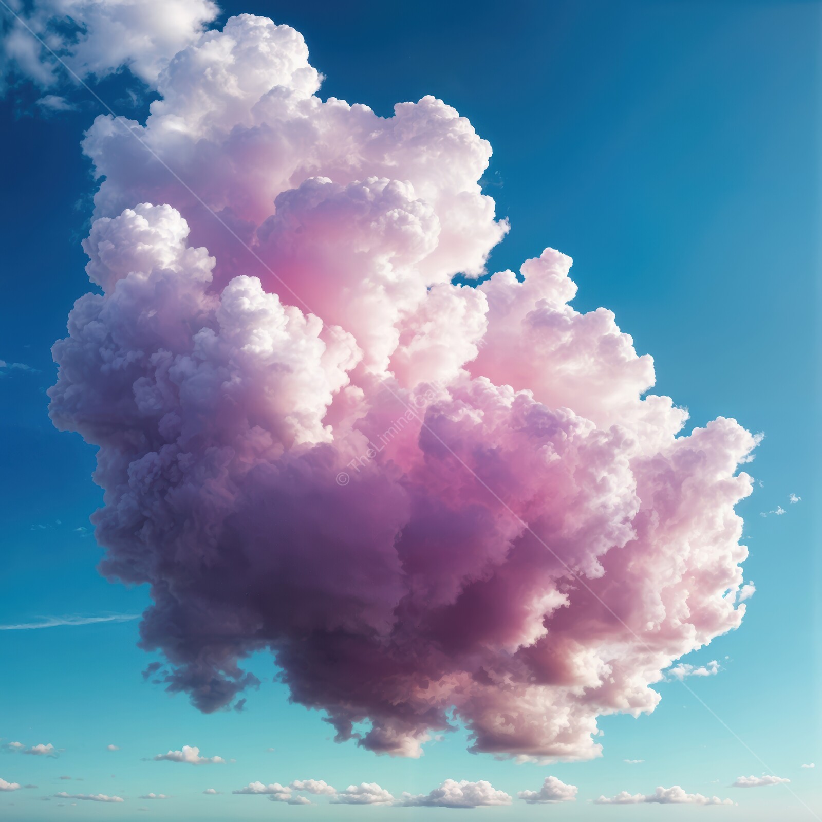 Majestic pink cloud drifts through a bright blue sky on a serene afternoon