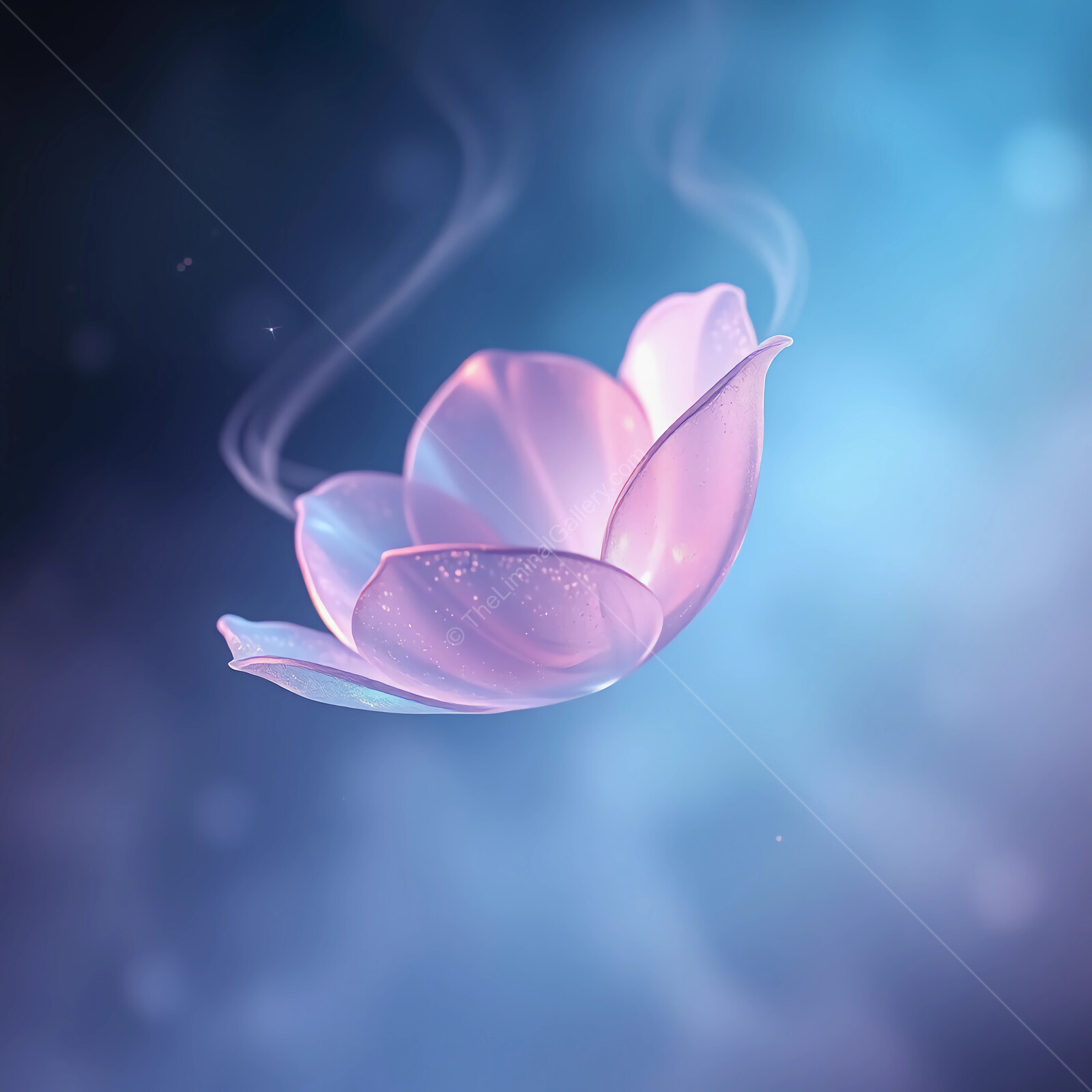 Delicate pink lotus flower gently floating in a dreamy blue mist at dawn’s embrace