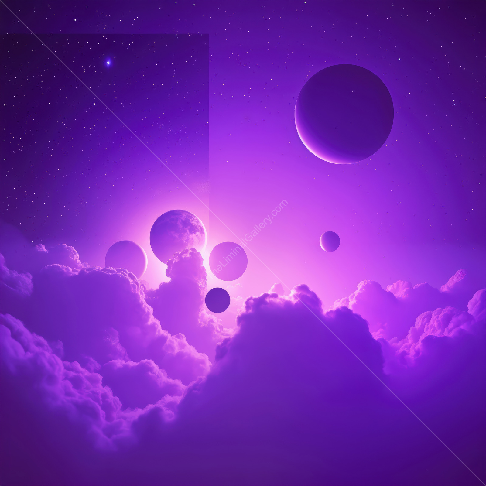 Vivid cosmic scene with multiple planets shining above purple clouds in a magical universe at twilight