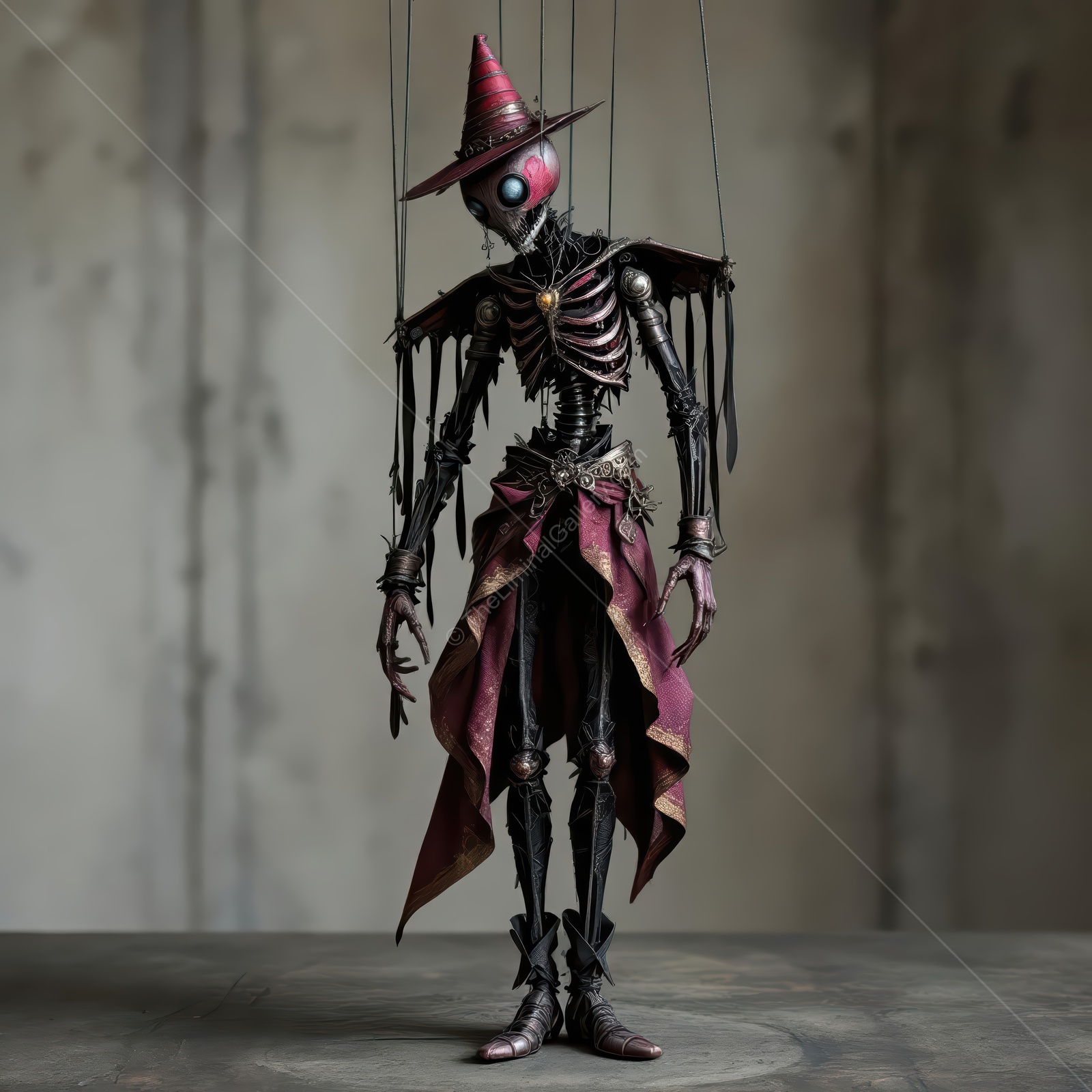 Unique puppet character with intricate details and dark attire showcasing artistry and imagination in a moody setting