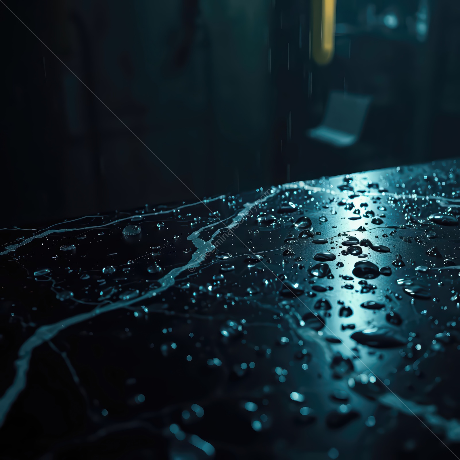 Raindrops glistening on a dark marble surface in a dimly lit urban setting during a rainy evening