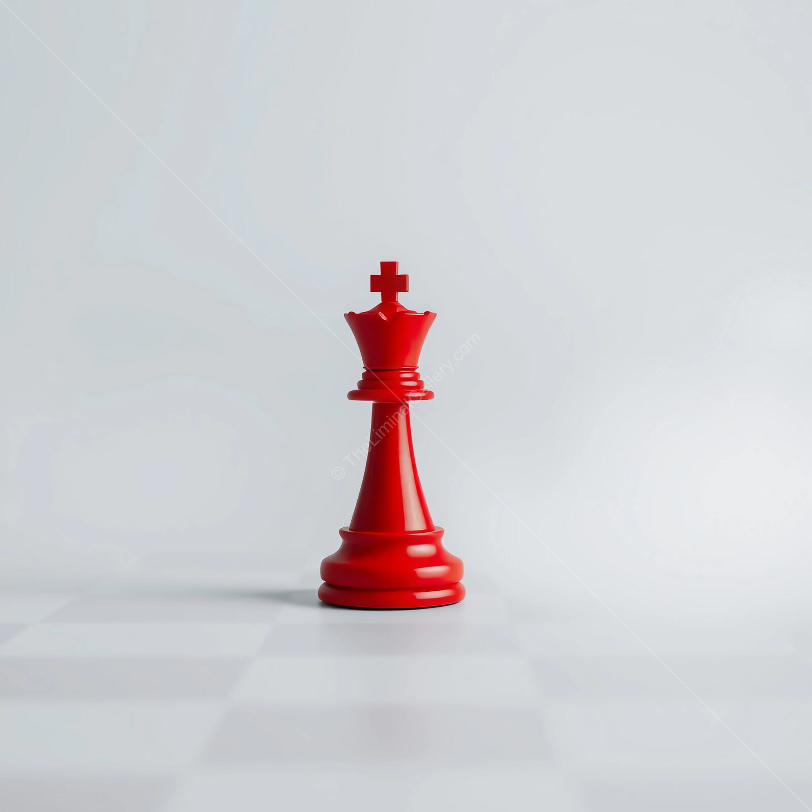 Red chess king stands majestically on a clean, minimalist liminal checkerboard surface